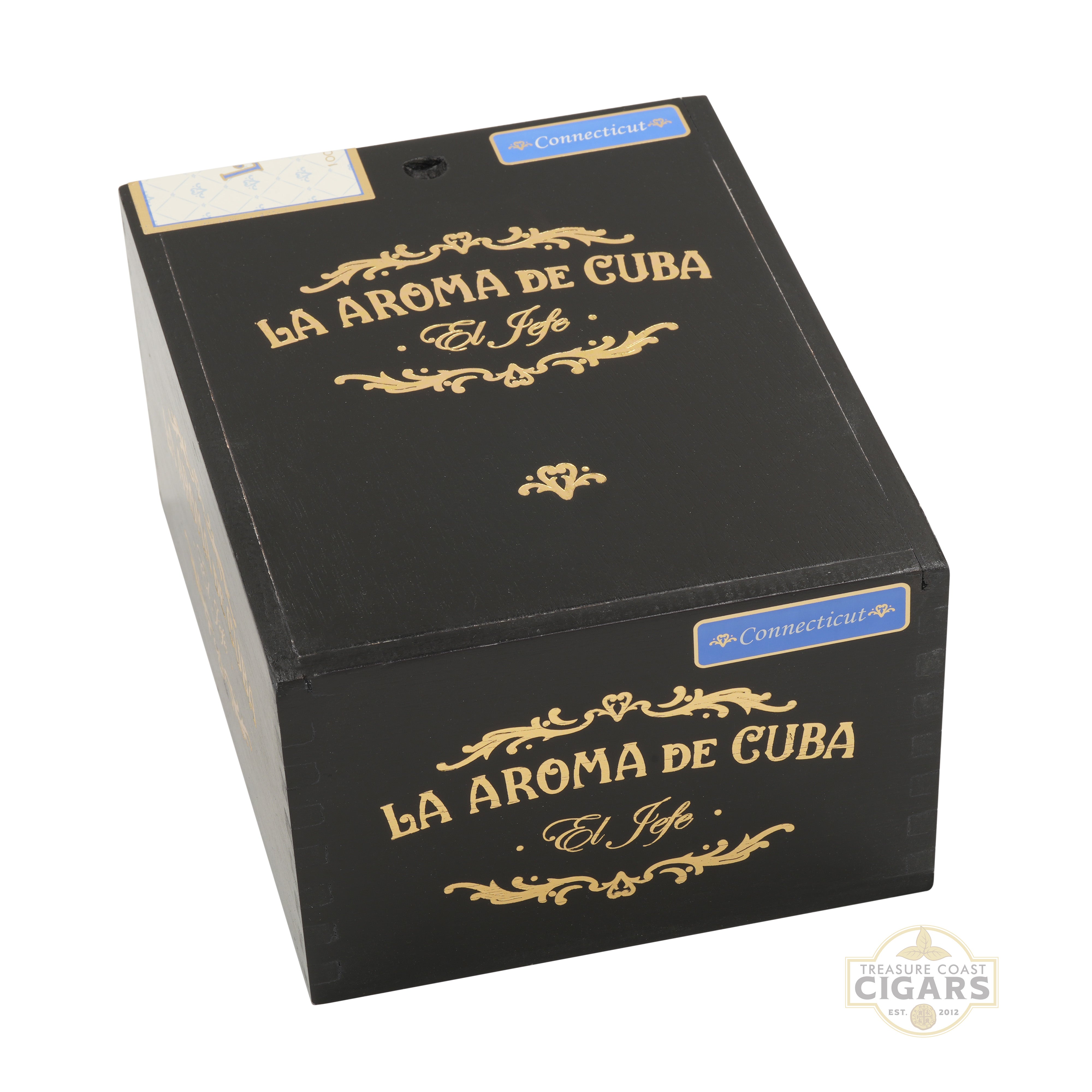 Cigar box with 'La Aroma de Cuba' branding on a white background