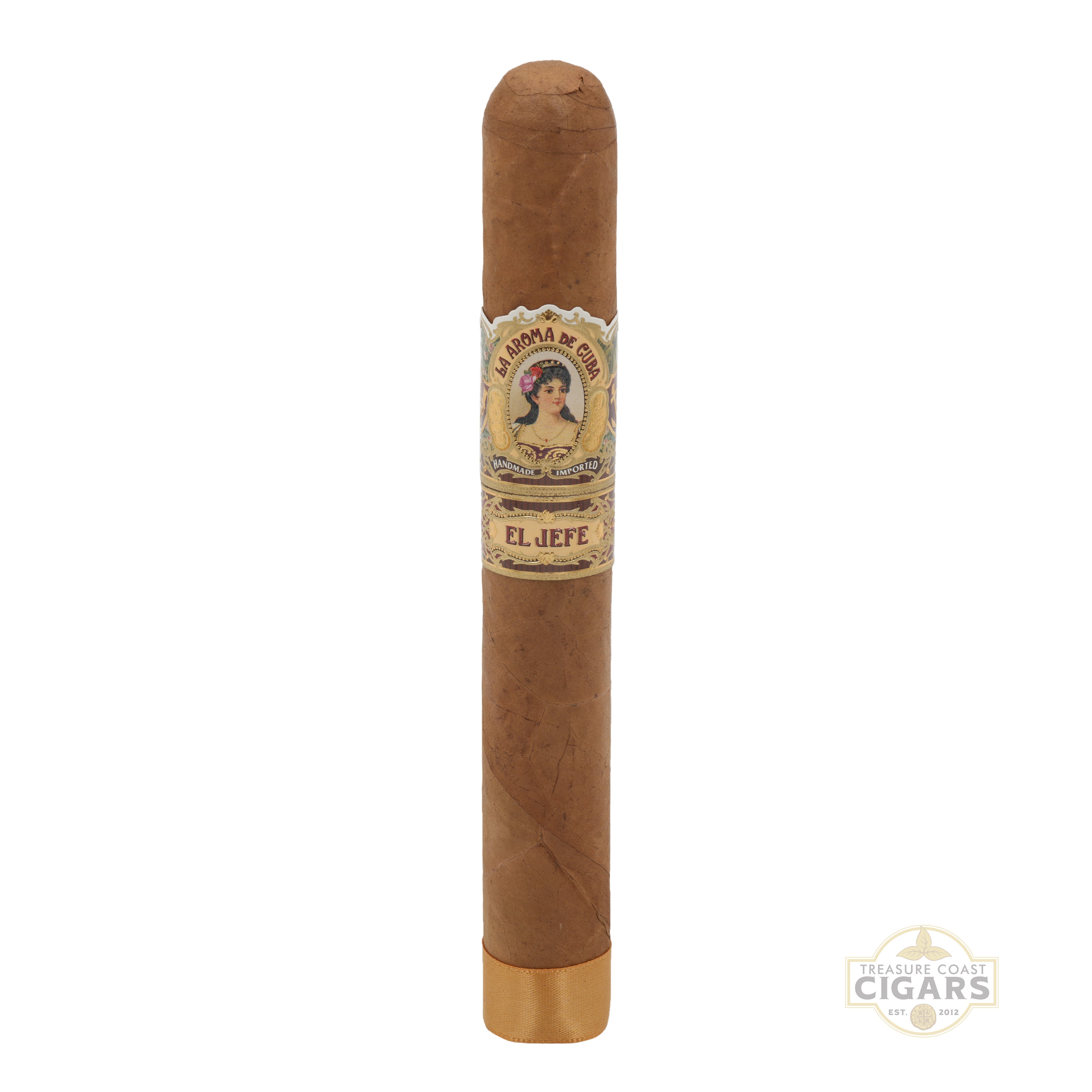 Cigar with a visible label on a white background