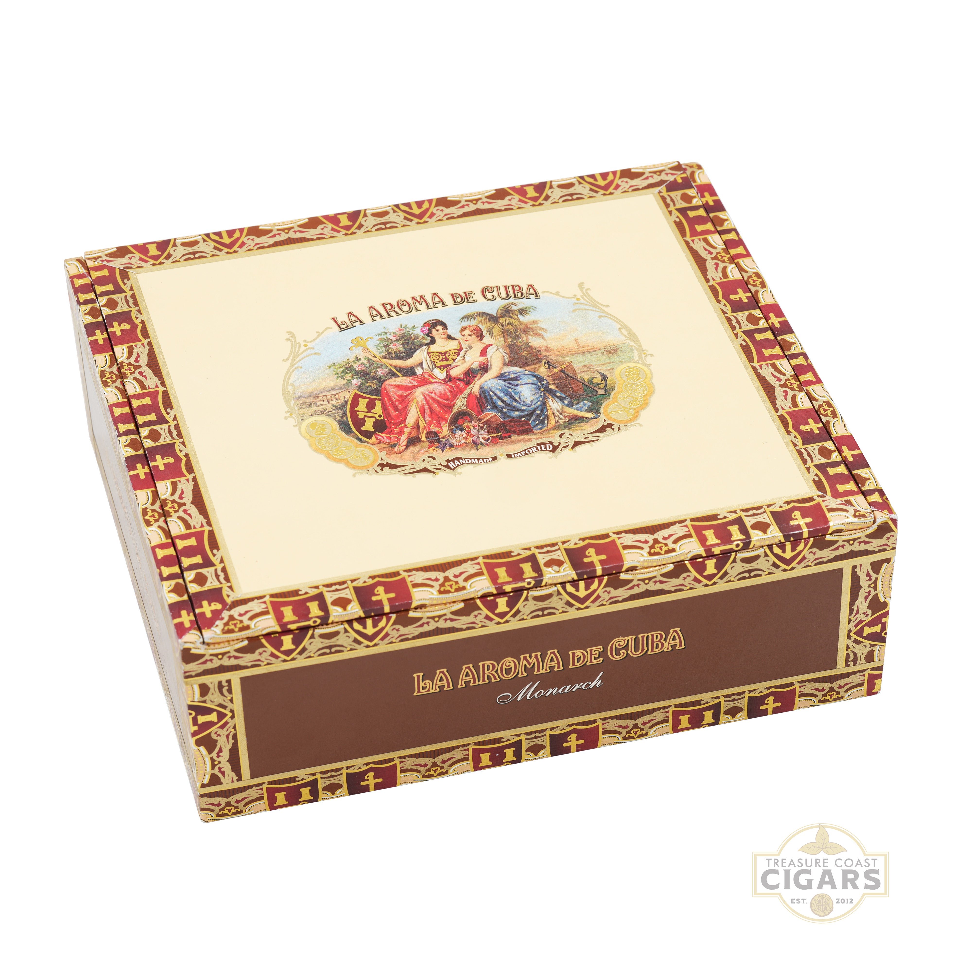 Cigar box with 'La Aroma de Cuba' branding on a white background