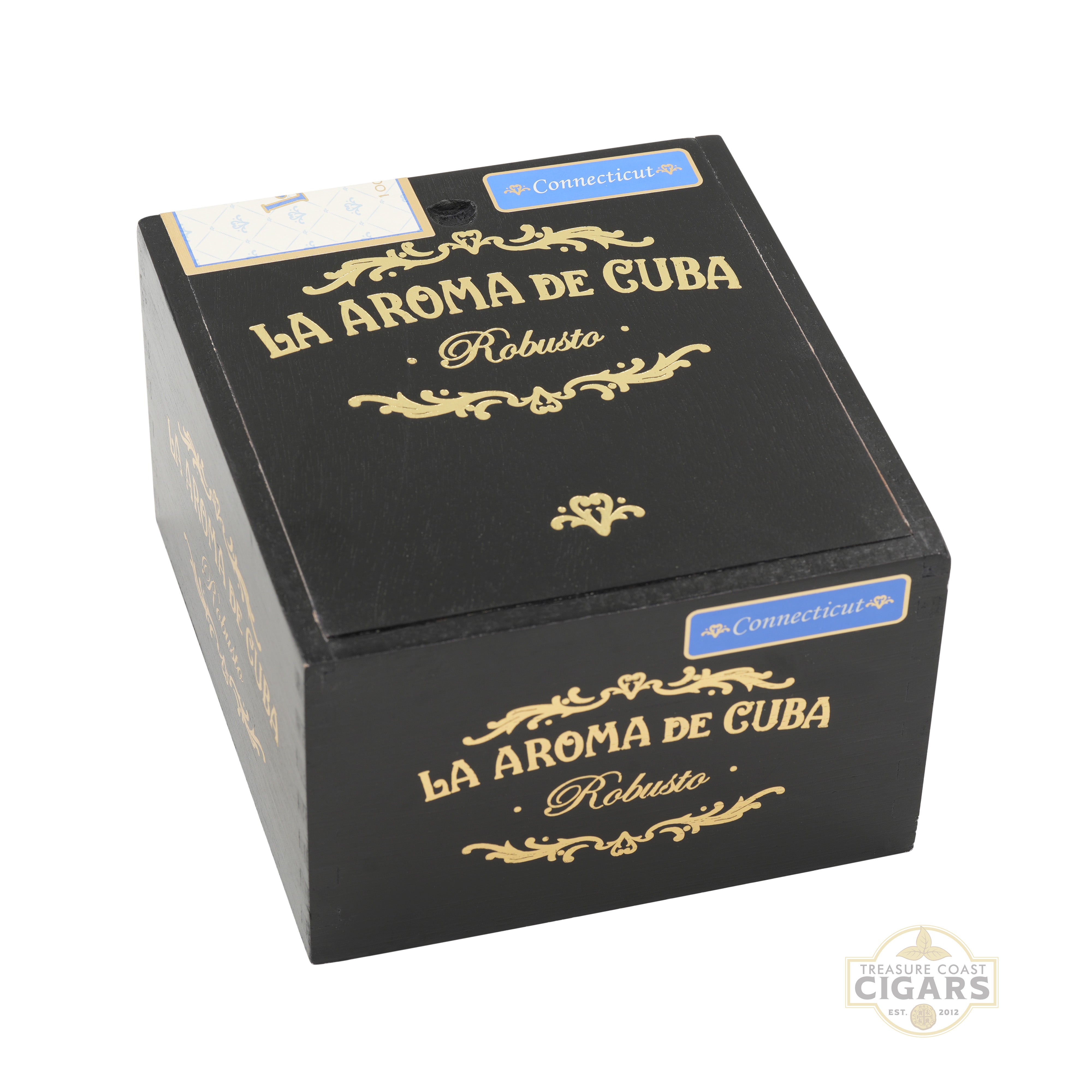 Black box of La Aroma de Cuba Robusto cigars with gold text on a white background