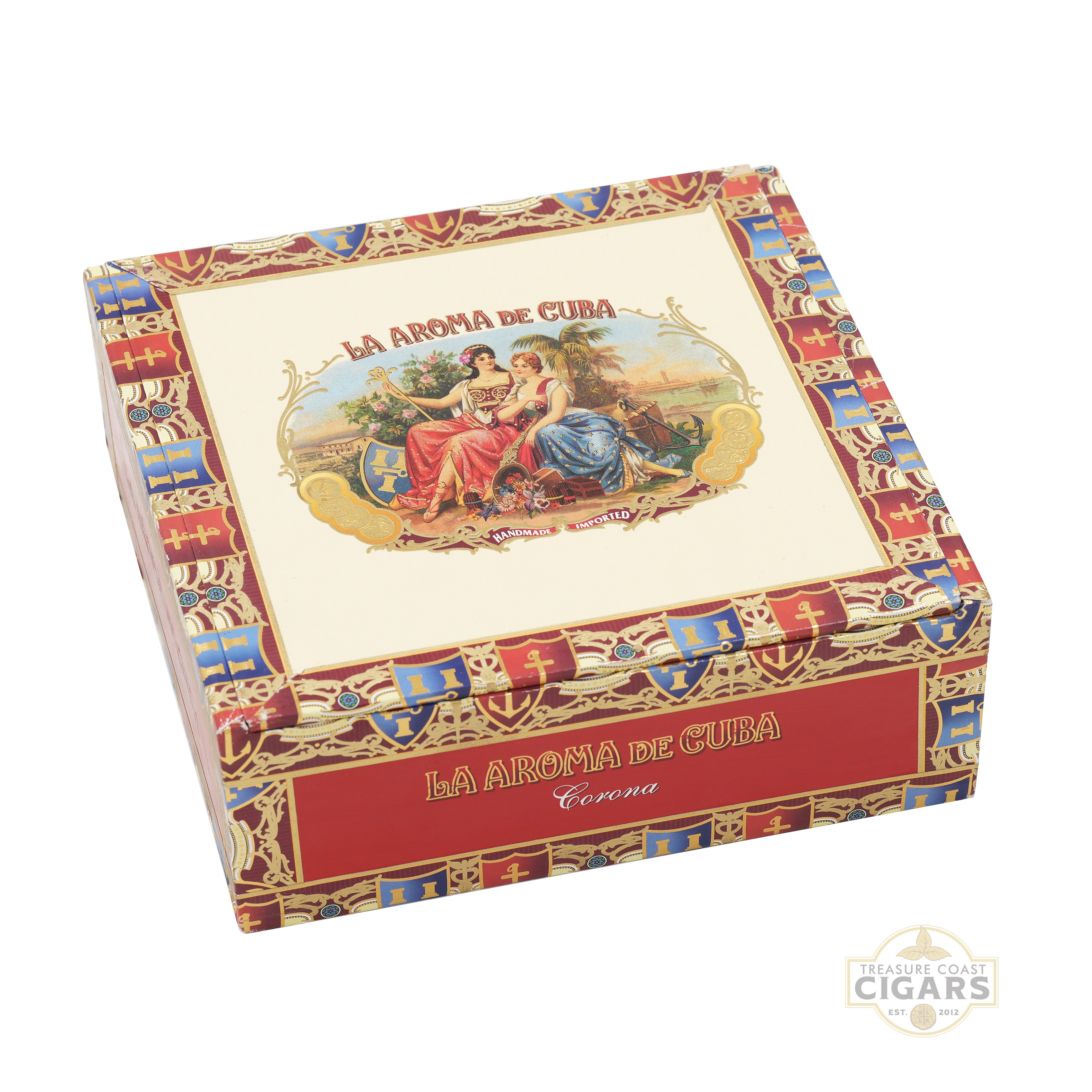Cigar box with 'La Aroma de Cuba' branding on a white background
