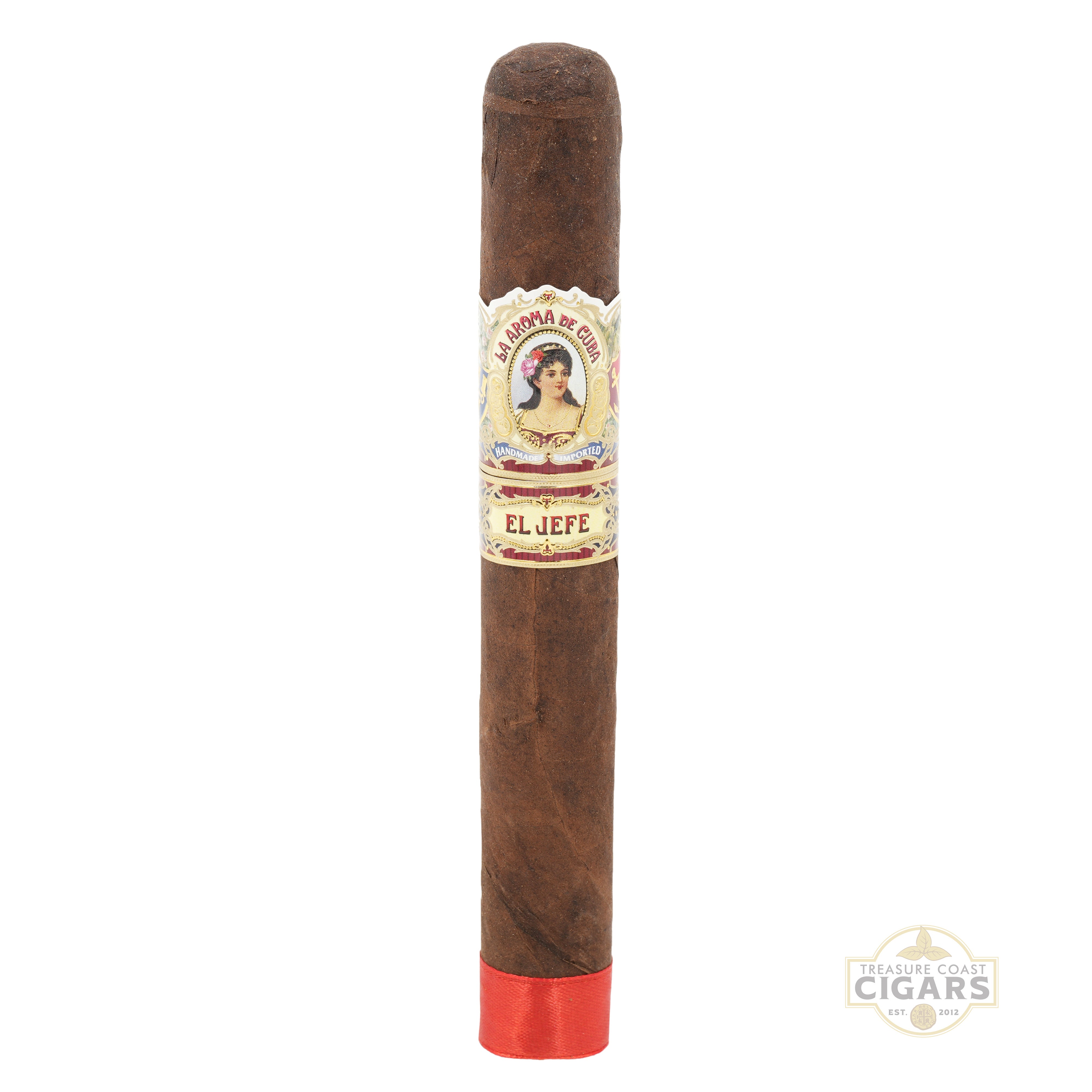 Cigar with a label on a white background