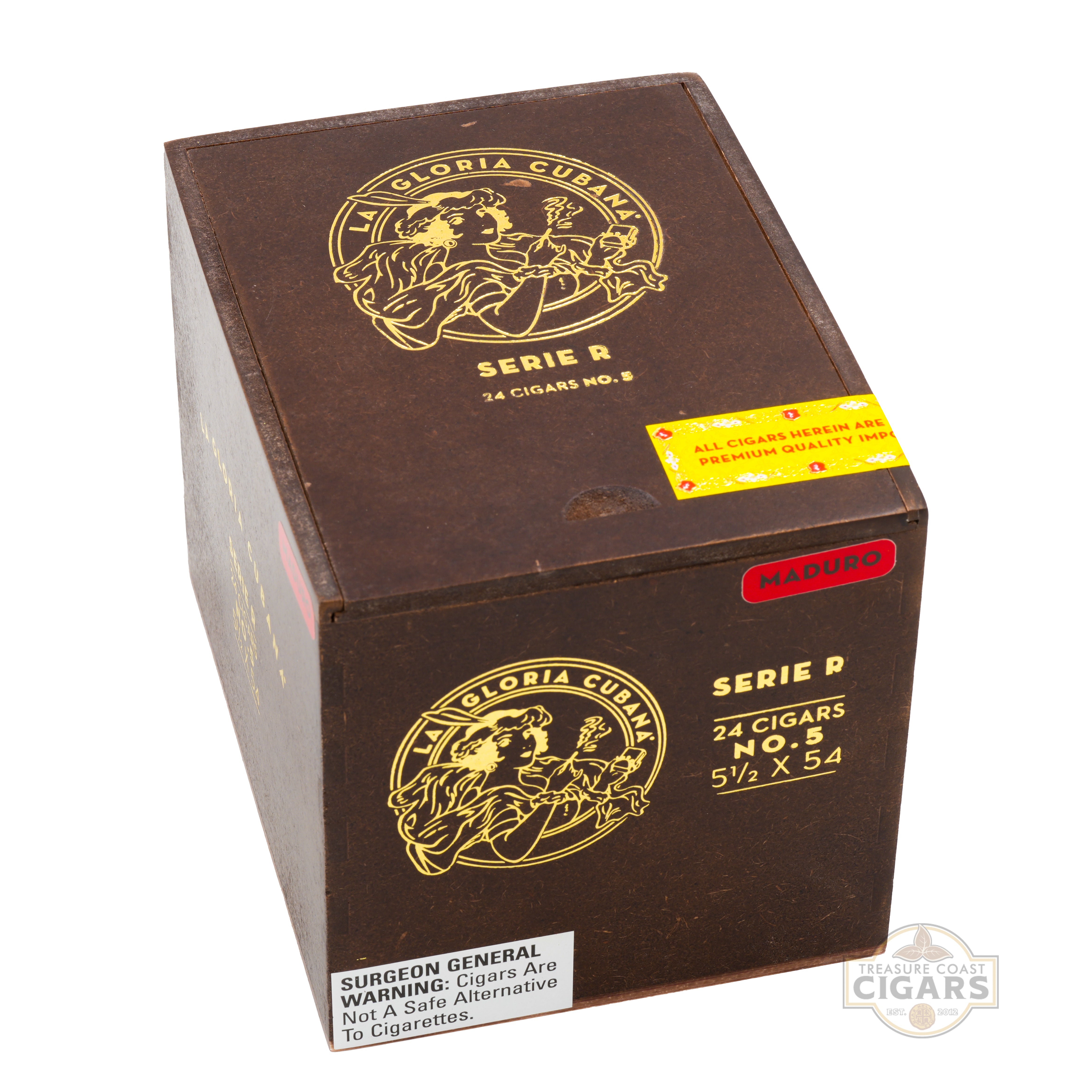 La Gloria Cubana Serie R cigar box with branding and product details on a white background