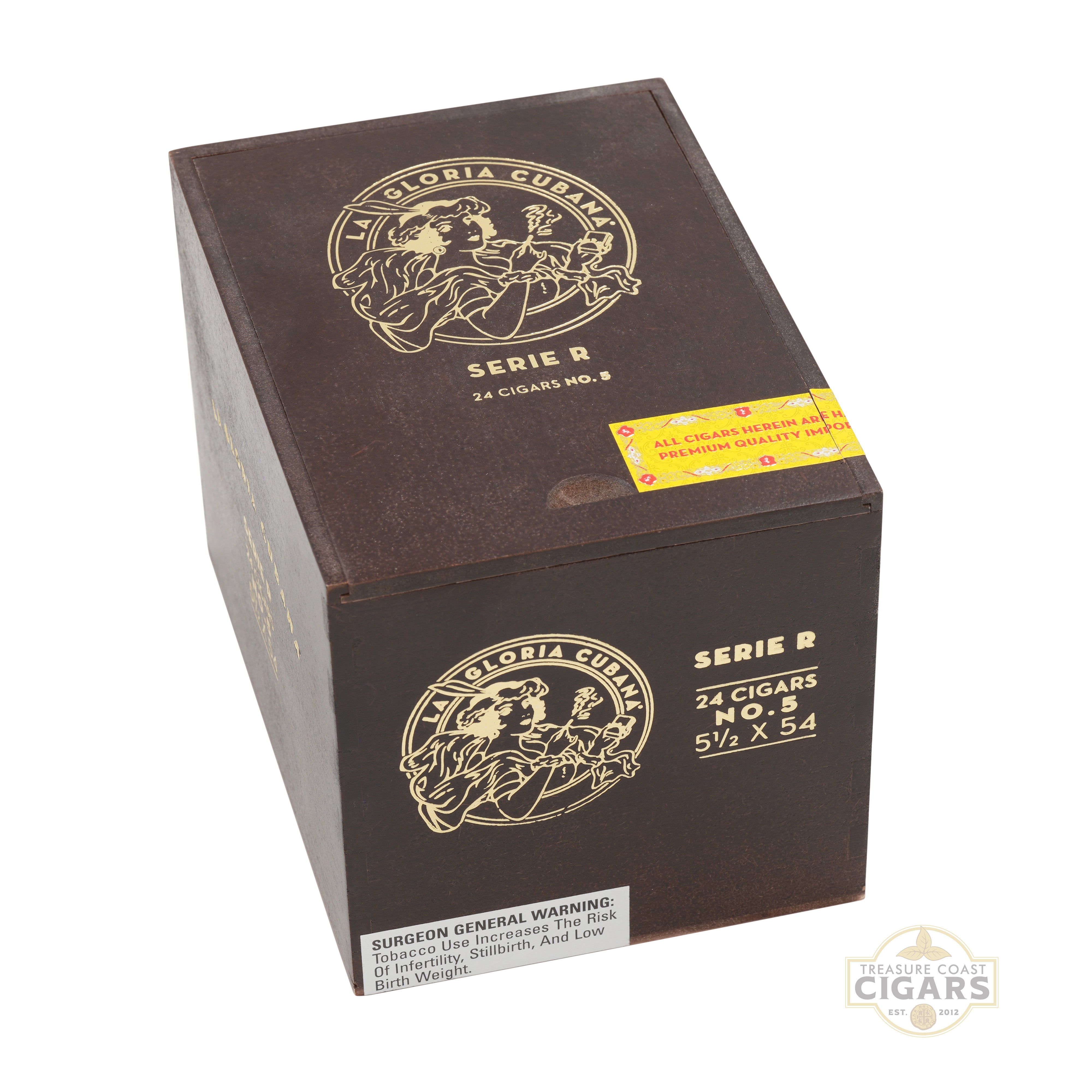 Gloria Cubana Serie R cigar box with branding and specifications on a white background