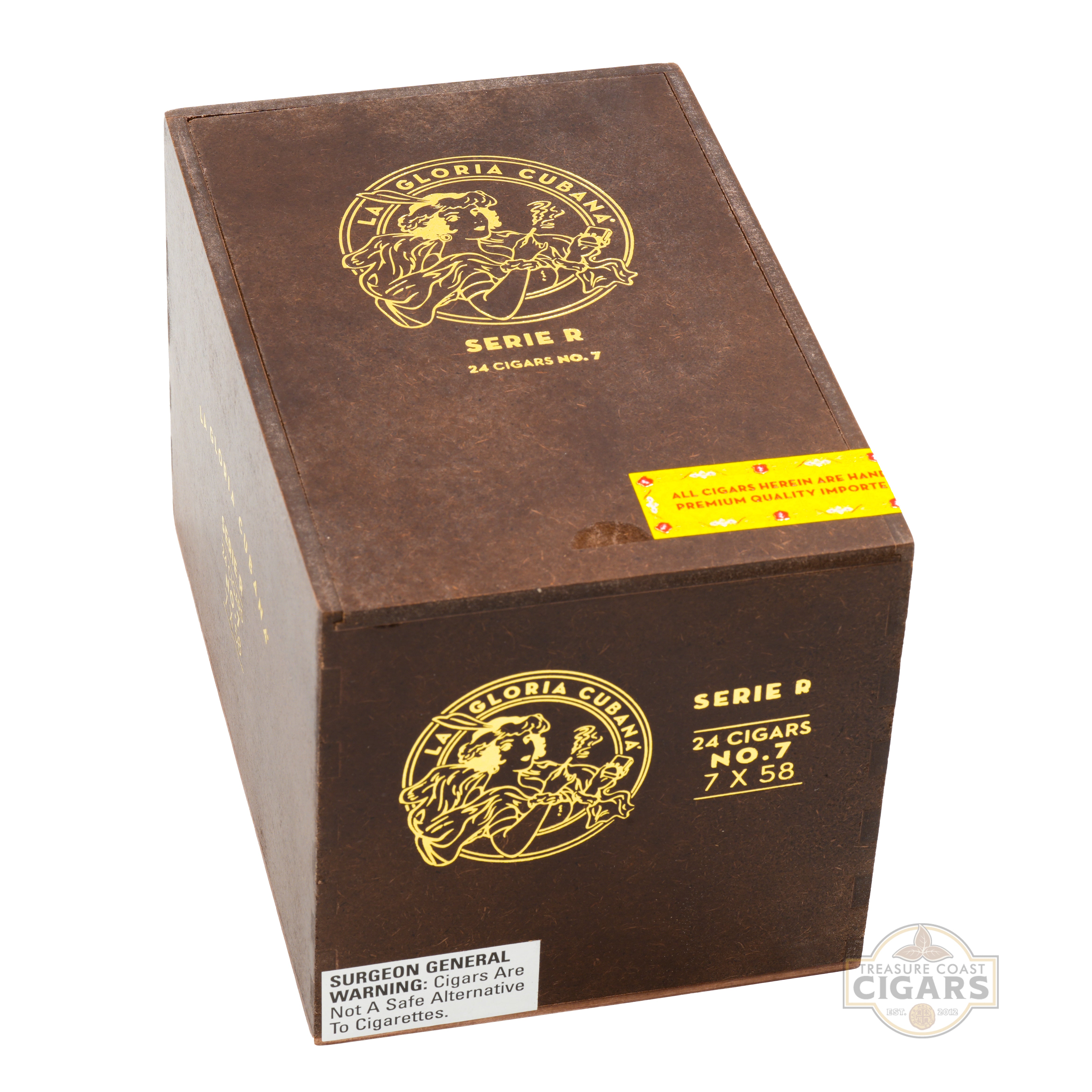 Brown cigar box with gold logo and text on a white background