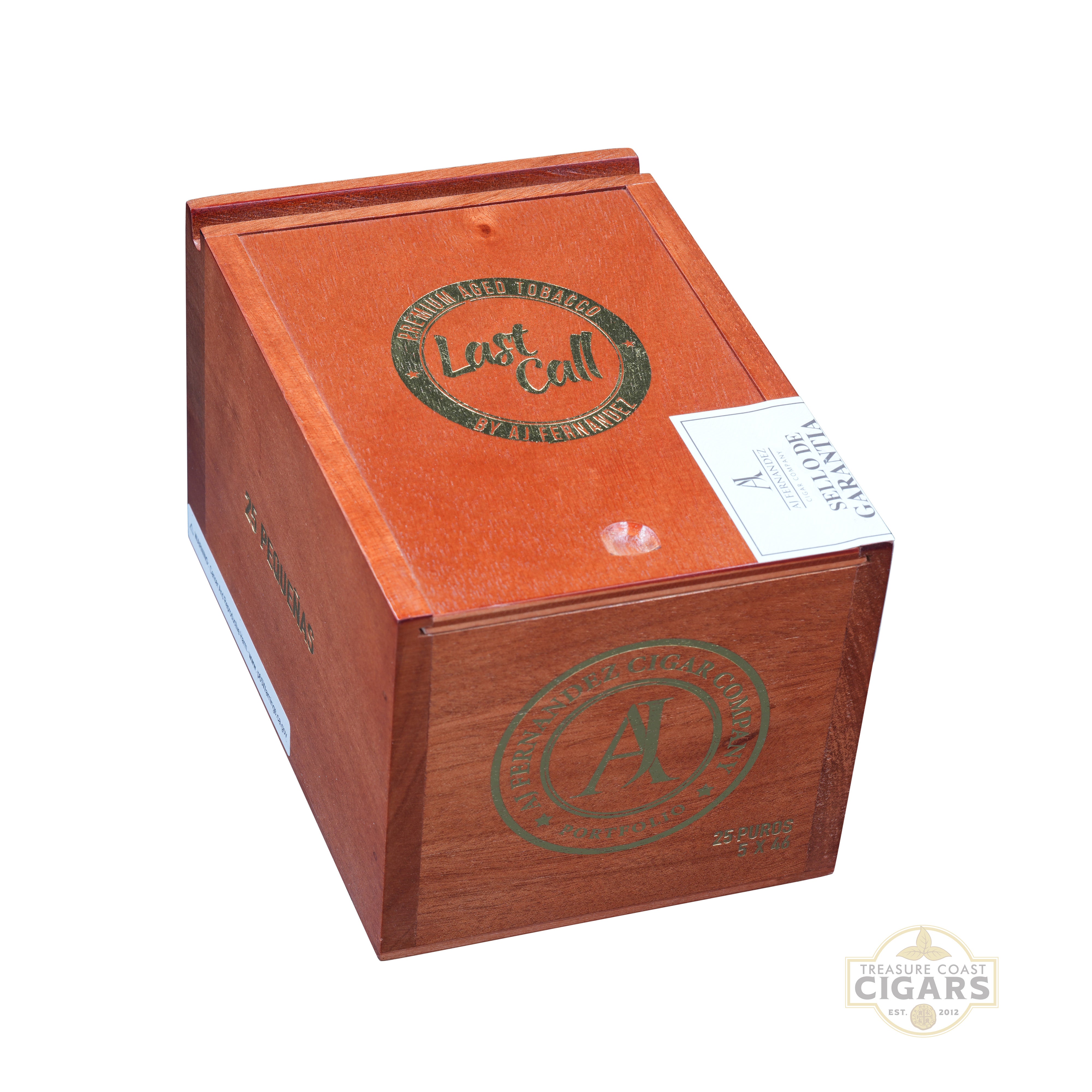 Wooden cigar box with 'Last Call' branding on a white background