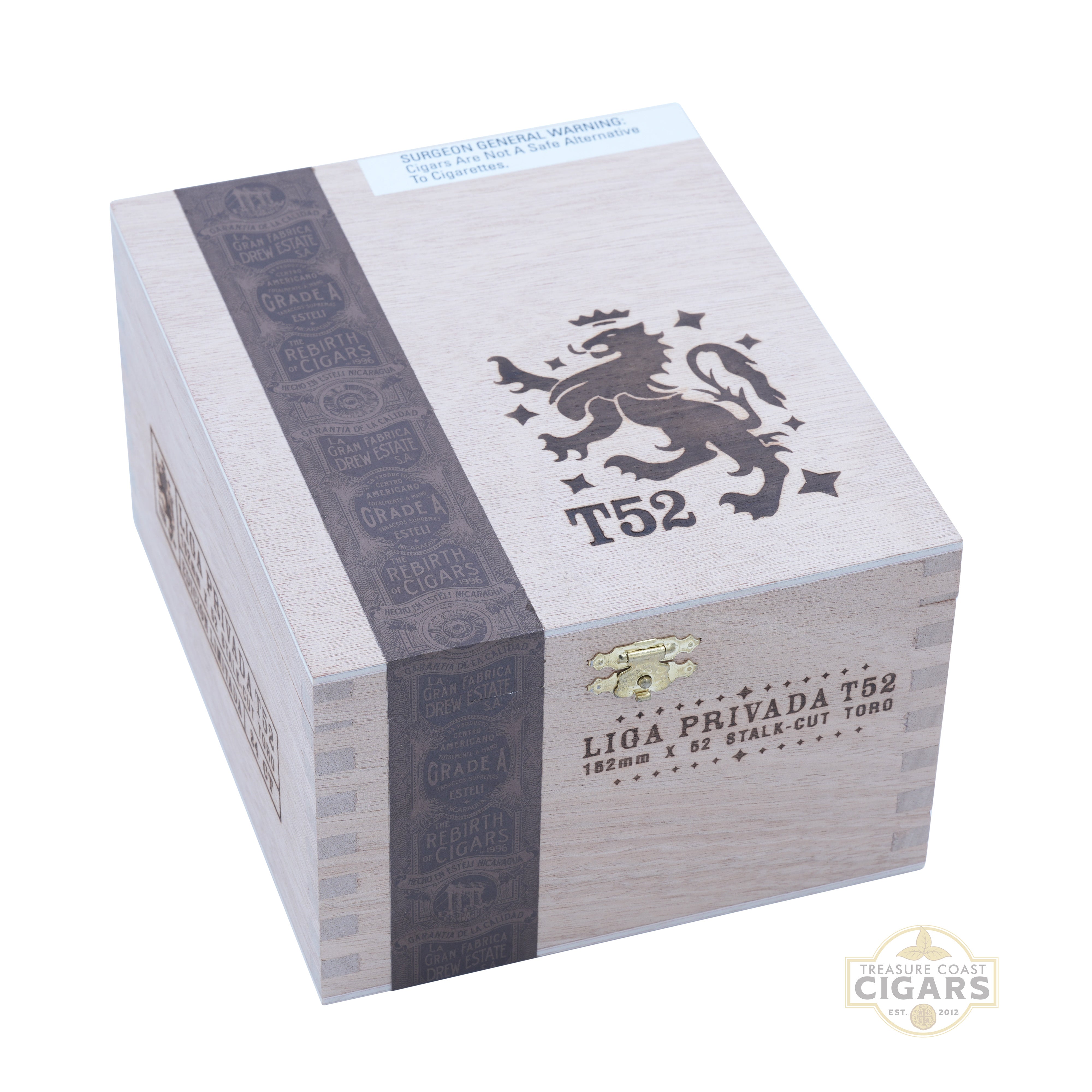 Cigar box with T52 branding and lion emblem on a white background