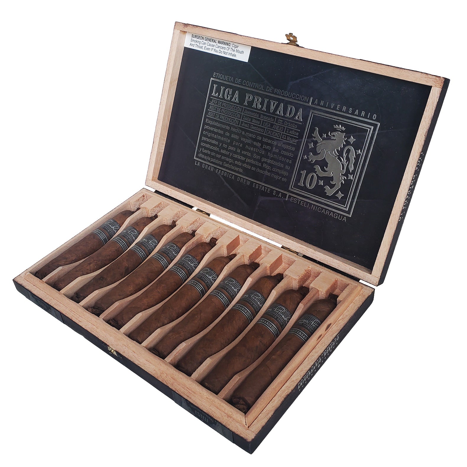 Open wooden box of Liga Privada 10 Aniversario robusto cigars on a white background