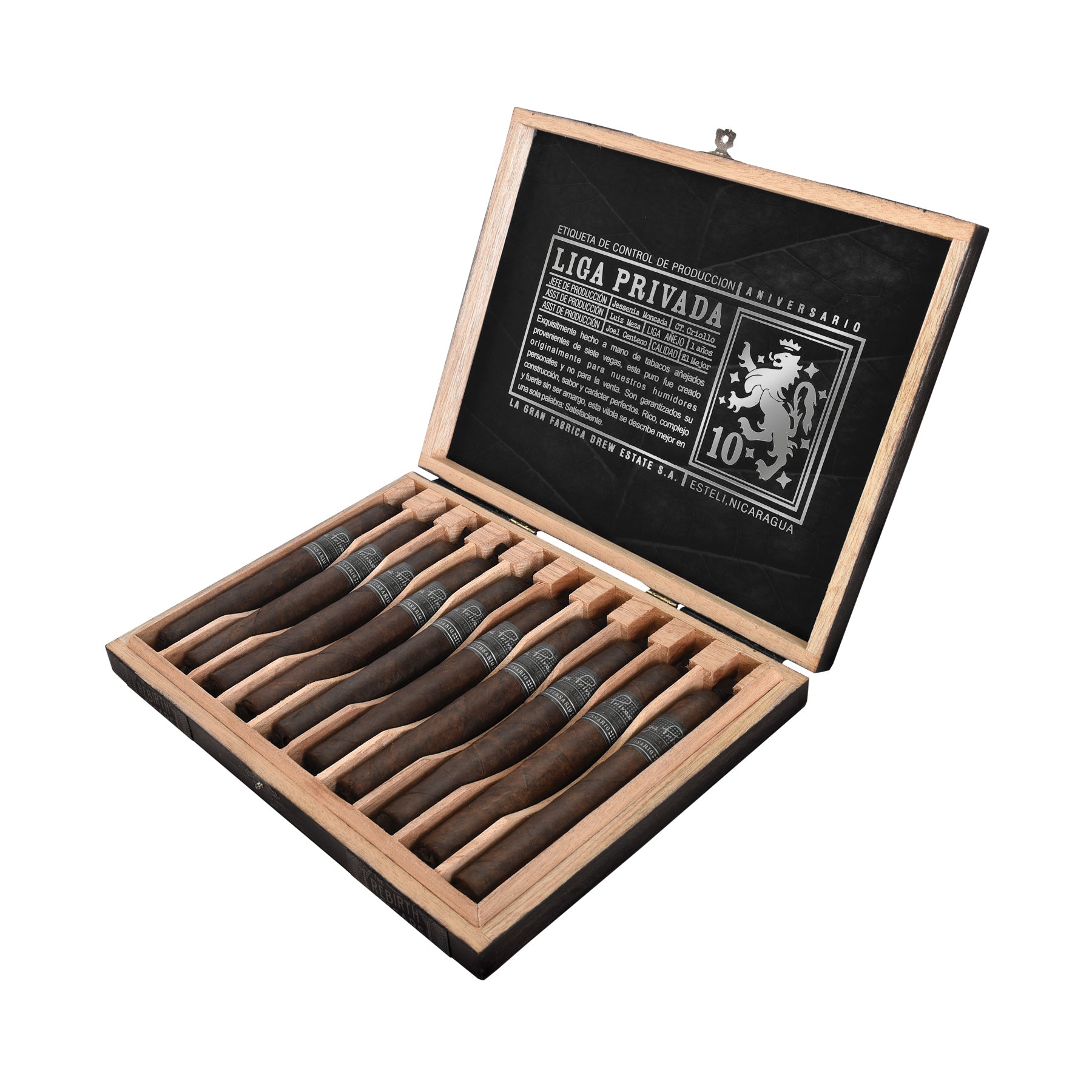 Open wooden cigar box with cigars and 'Liga Privada' branding on a white background