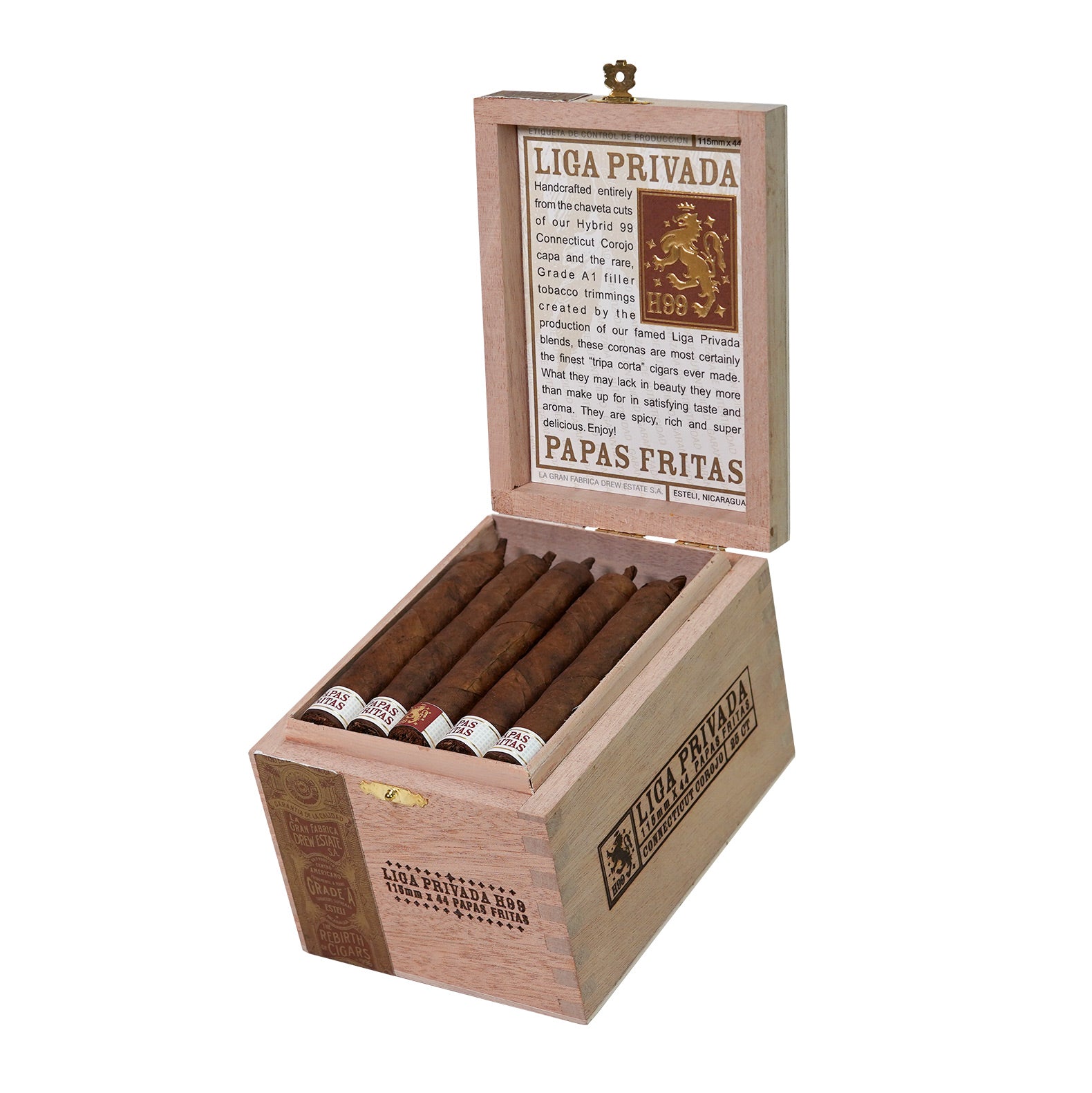 Open wooden box of cigars with 'Liga Privada' branding on a white background