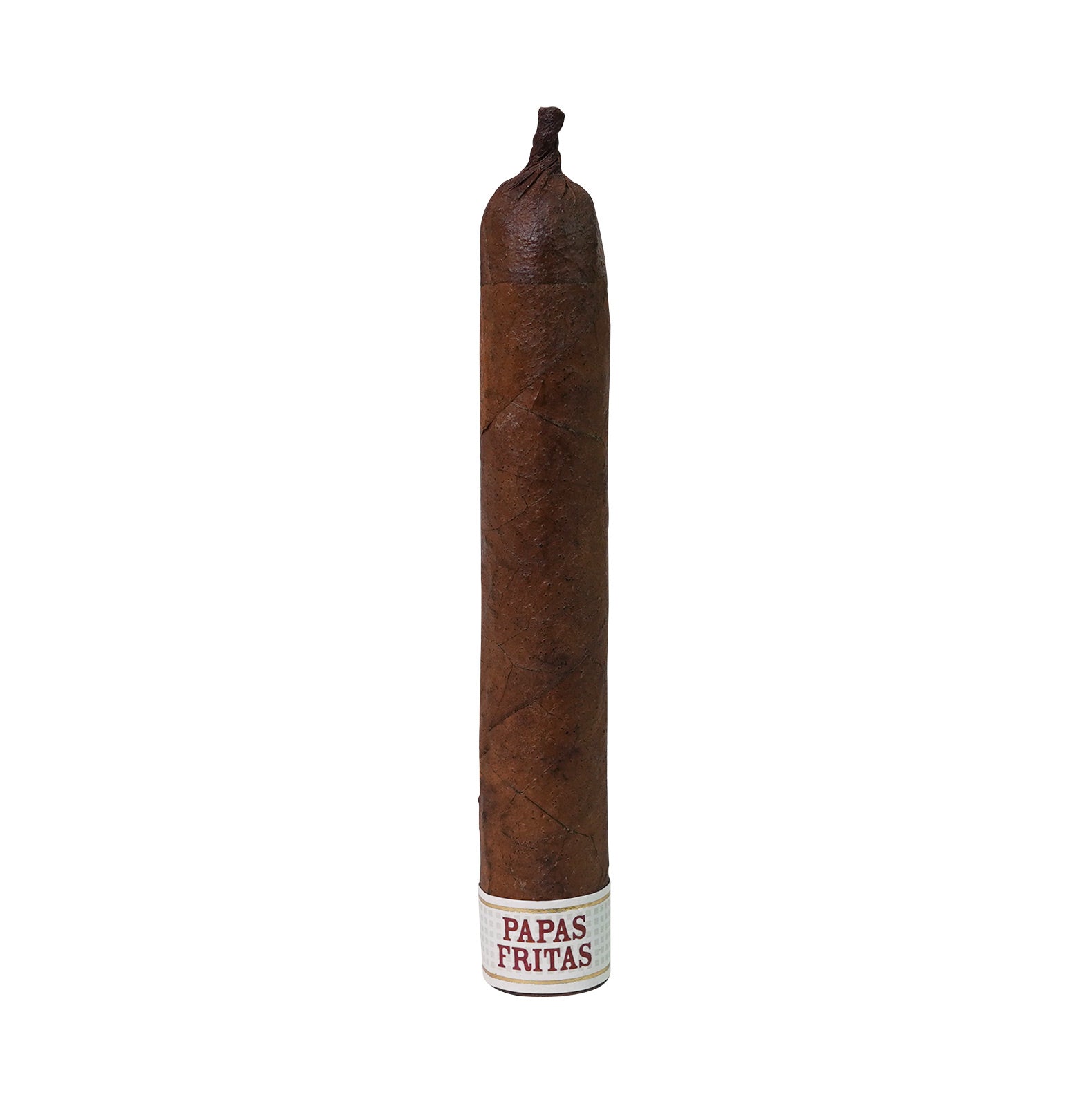 Cigar with 'Papas Fritas' label on a white background