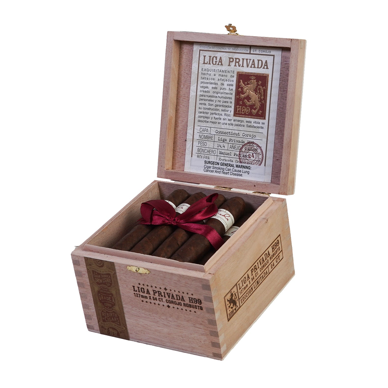 Wooden box with cigars and a red ribbon on a white background