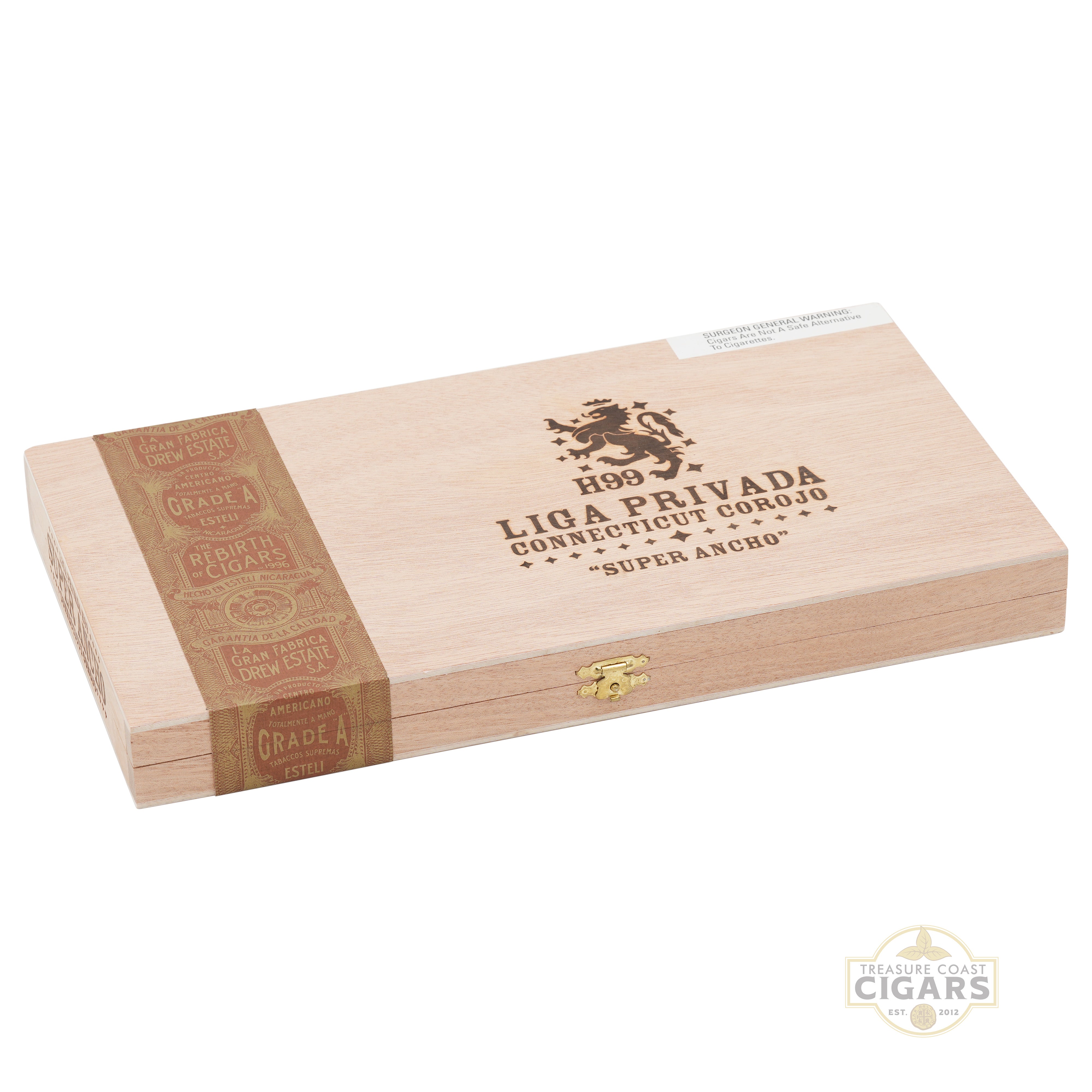 Wooden cigar box with Liga Privada branding on a white background
