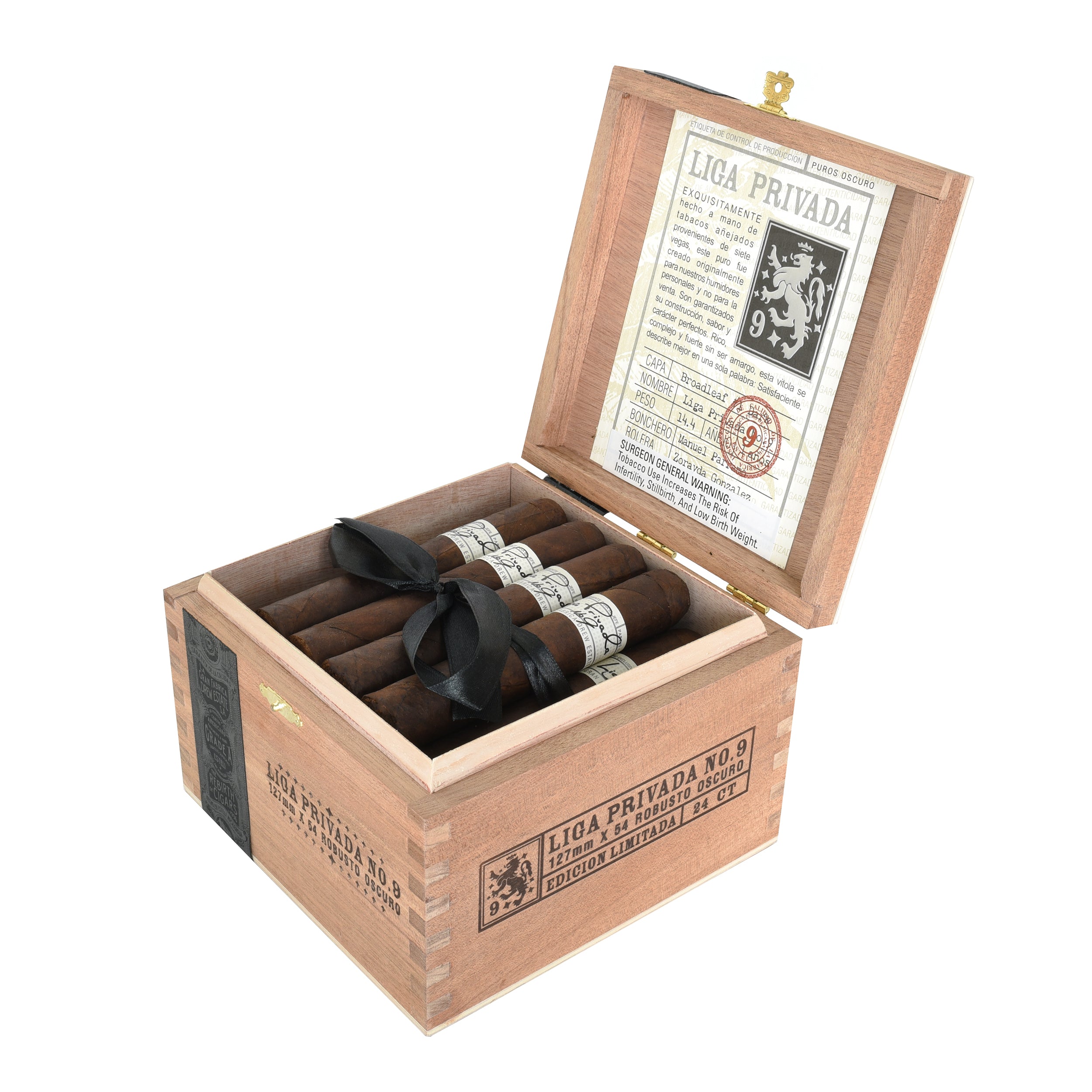 Wooden Cigar box with cigars and a visible brand label on a white background