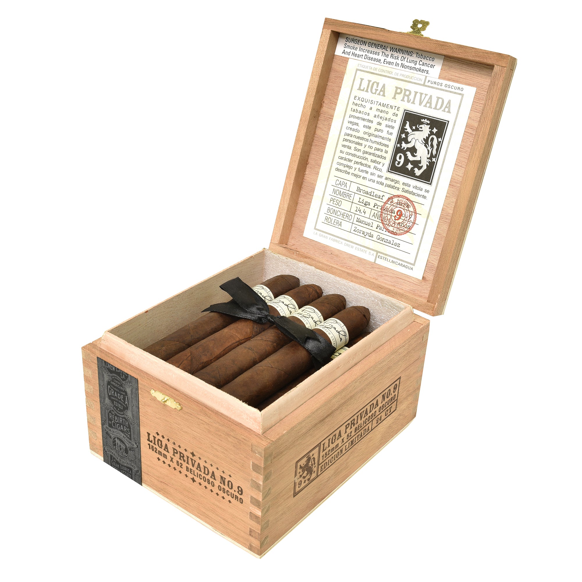Open wooden cigar box with cigars and Liga Privada label on a white background