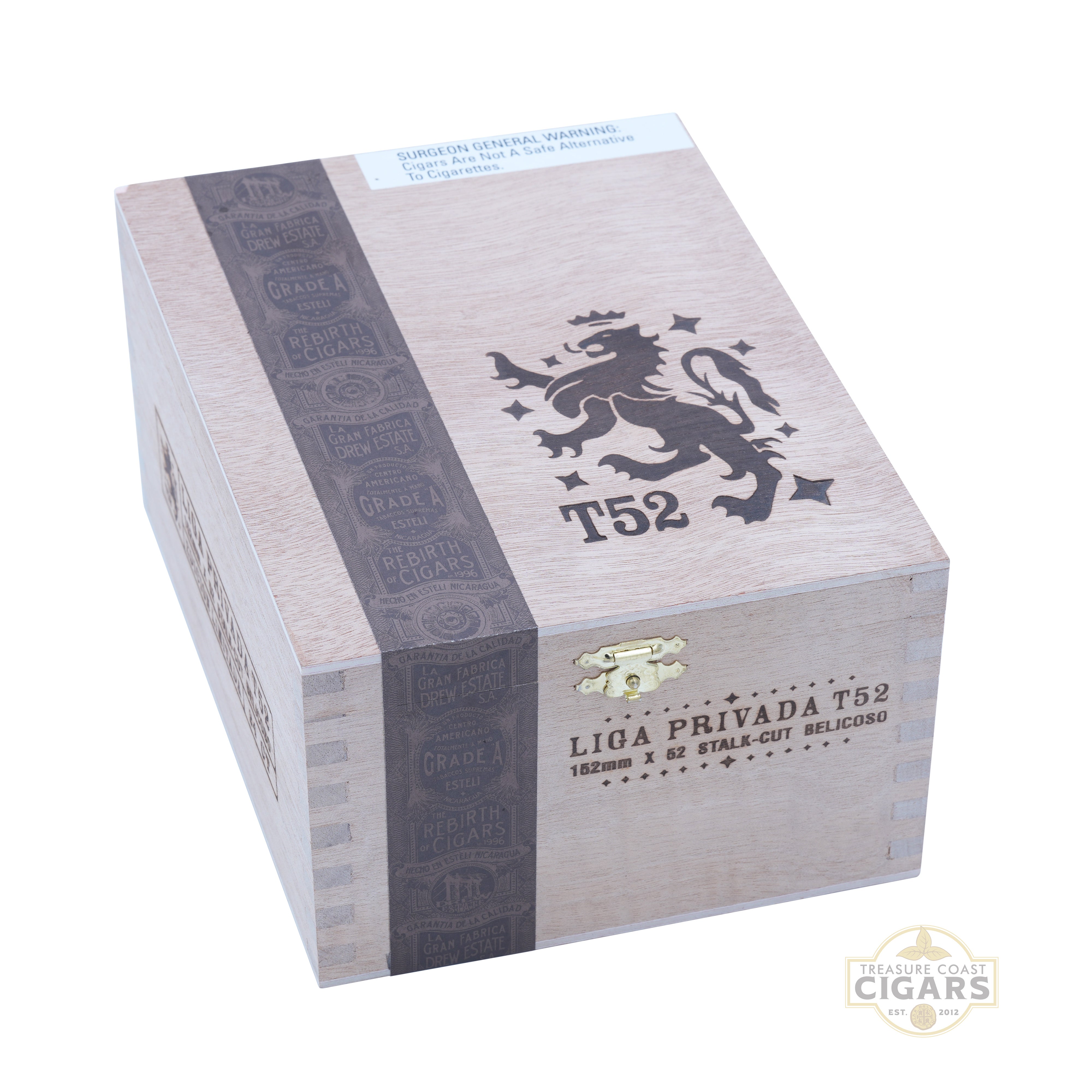 Cigar box with a lion emblem and branding on a white background