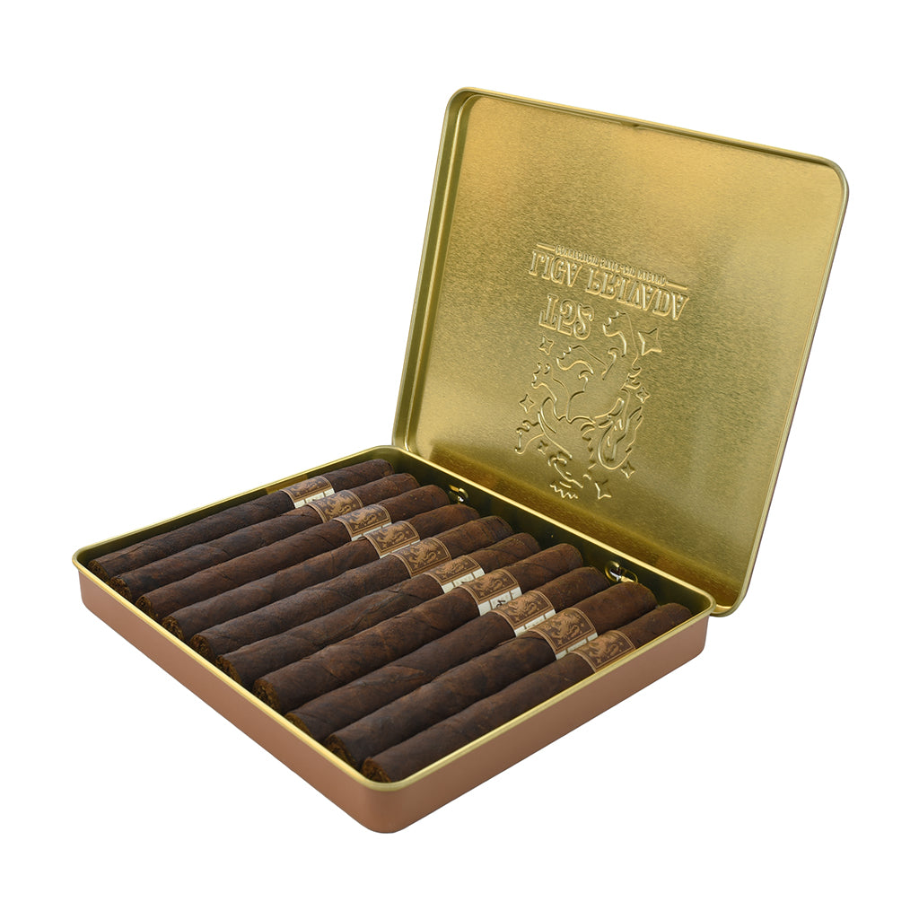 Gold tin box with cigars on a white background