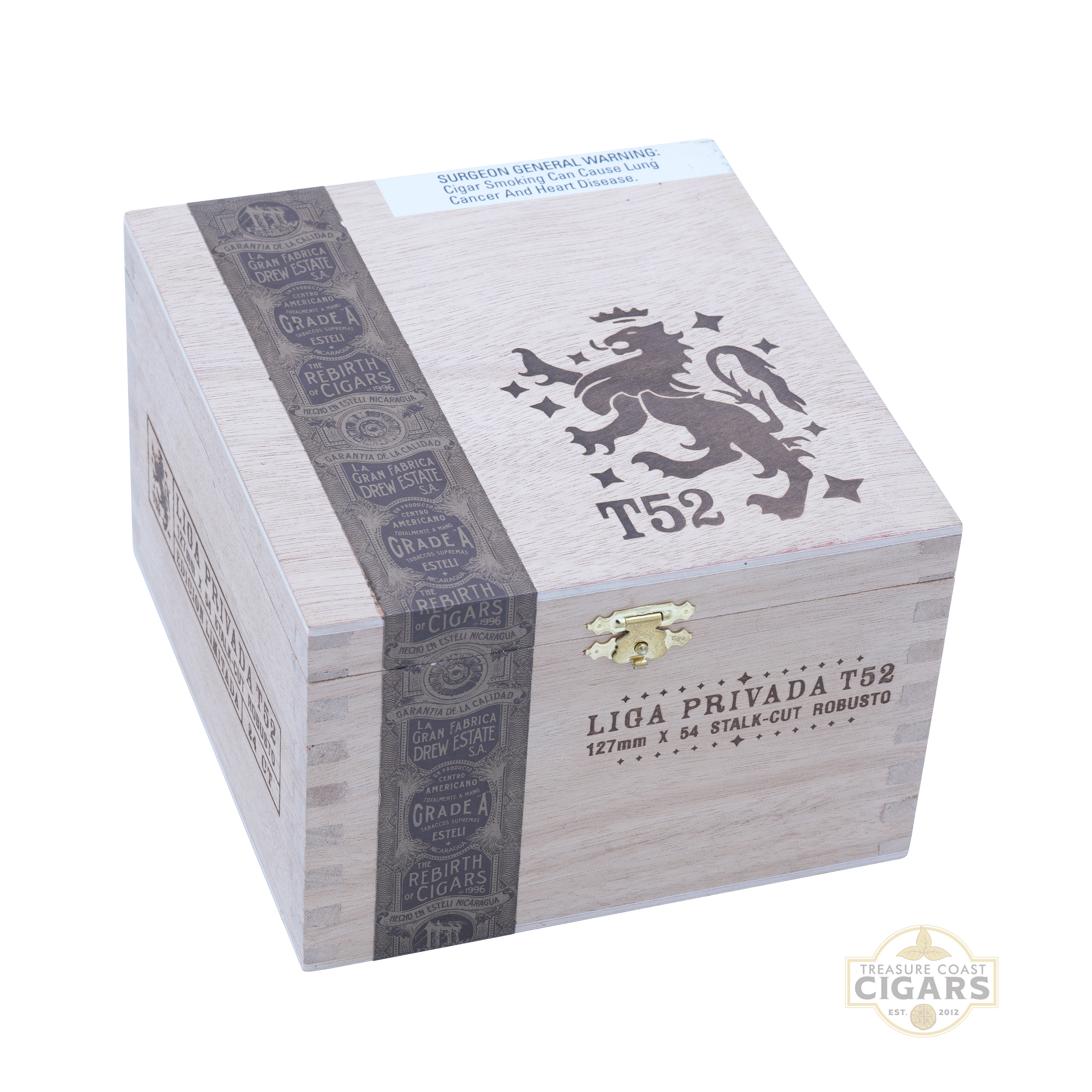 Cigar box with a lion emblem and 'T52' branding on a white background