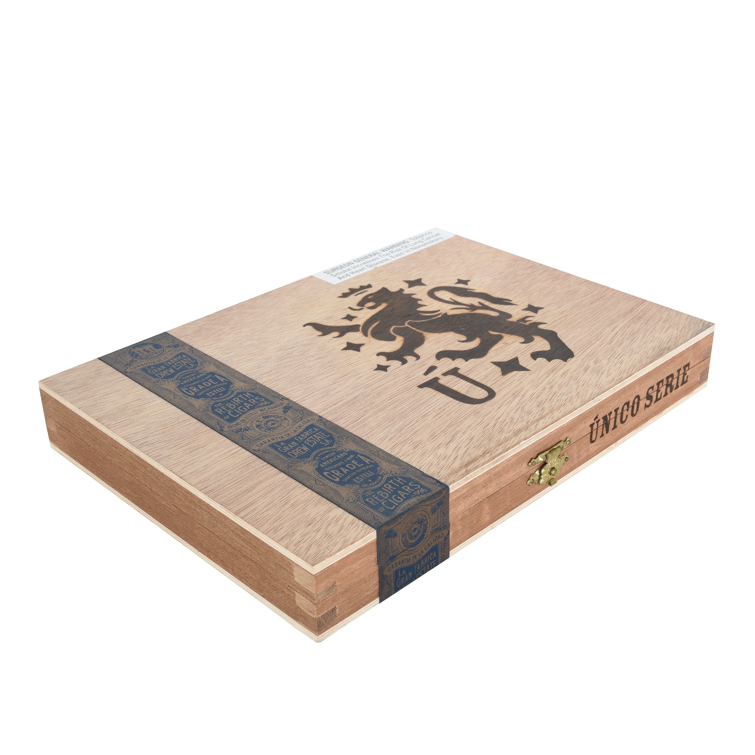Cigar box with a lion emblem and 'Unico Serie' text on a white background