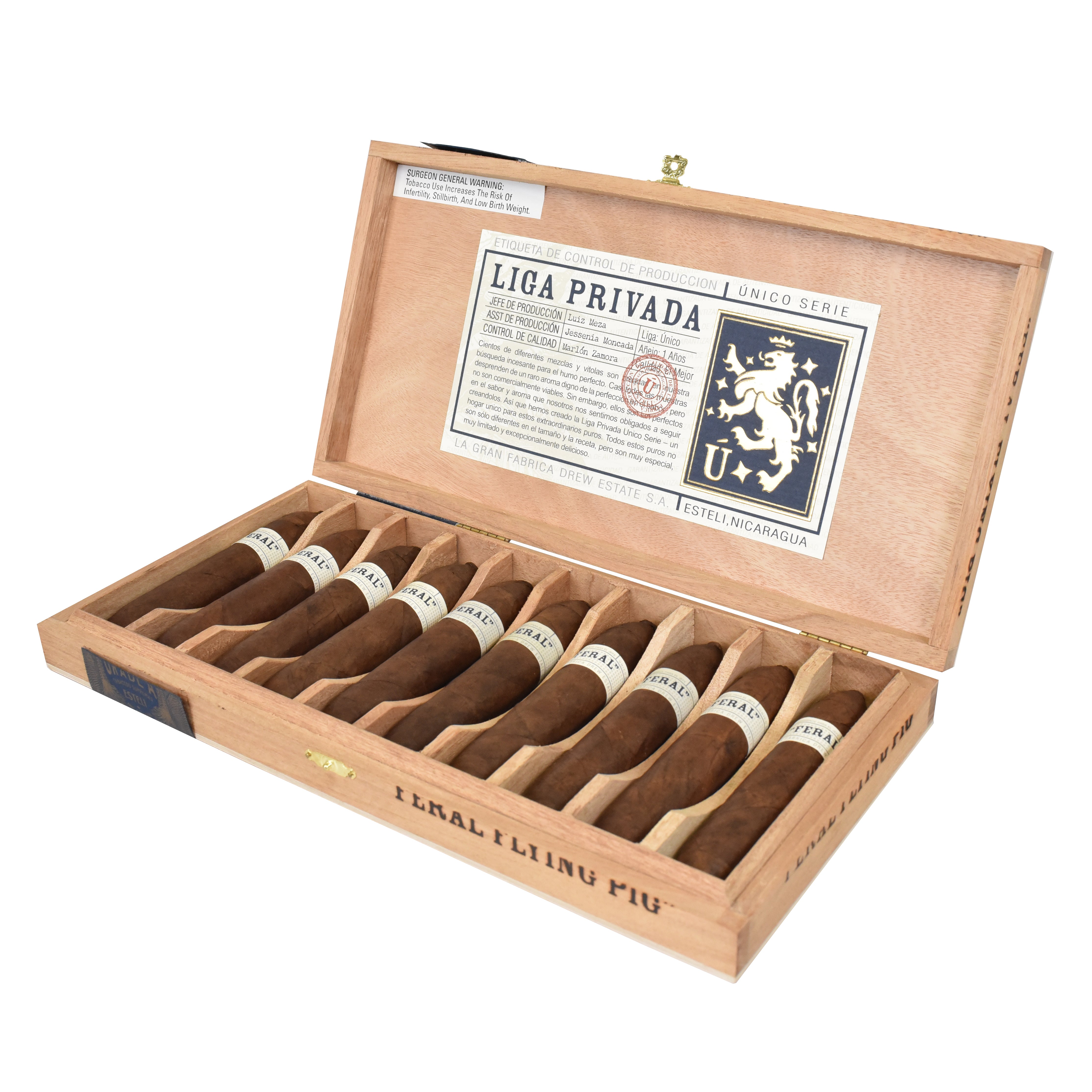 Open wooden box of Liga Privada Unico Serie Feral Flying Pig cigars on a white background