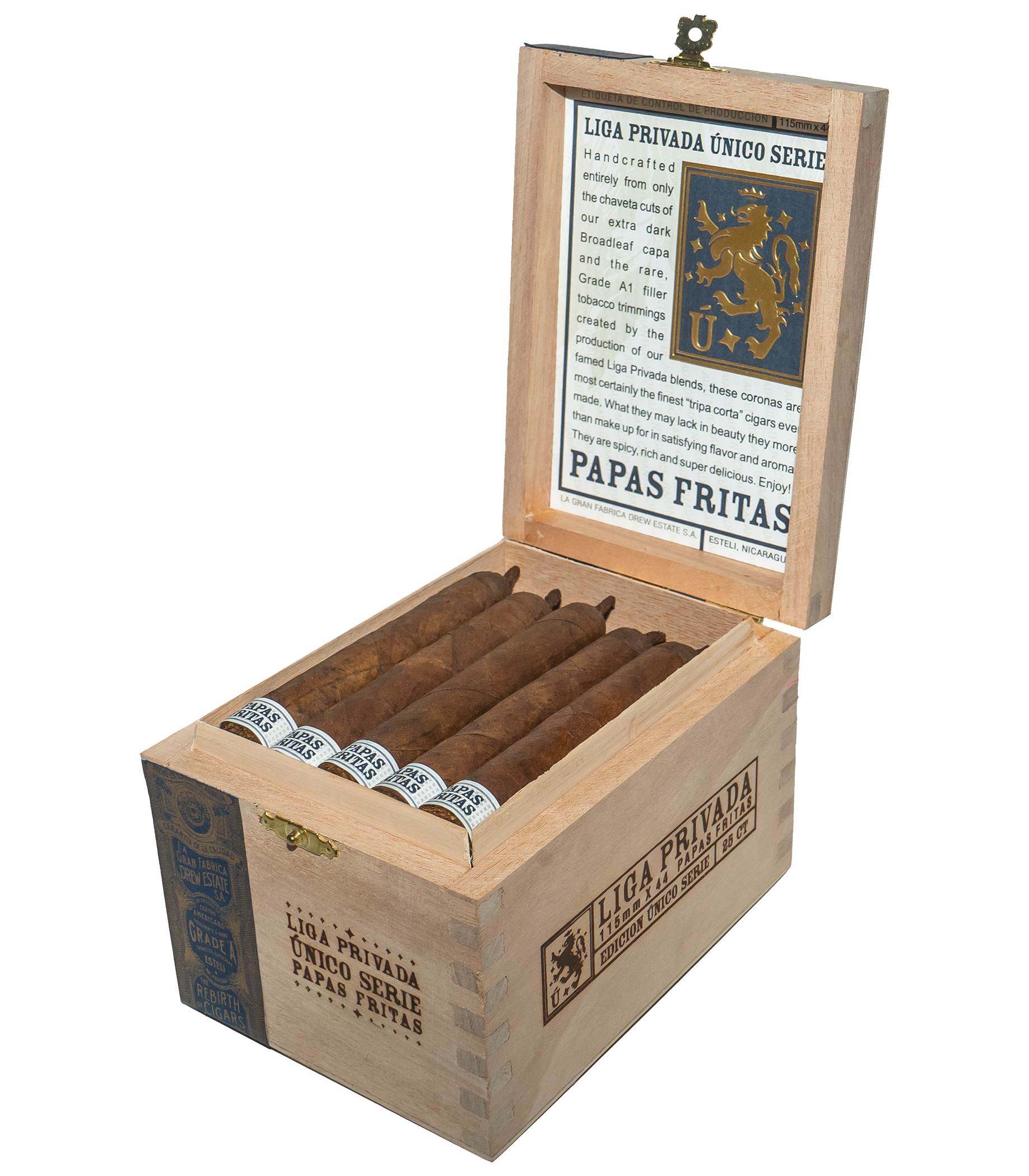 Open wooden box of Liga Privada Papas Fritas cigars with a visible brand label on a white background