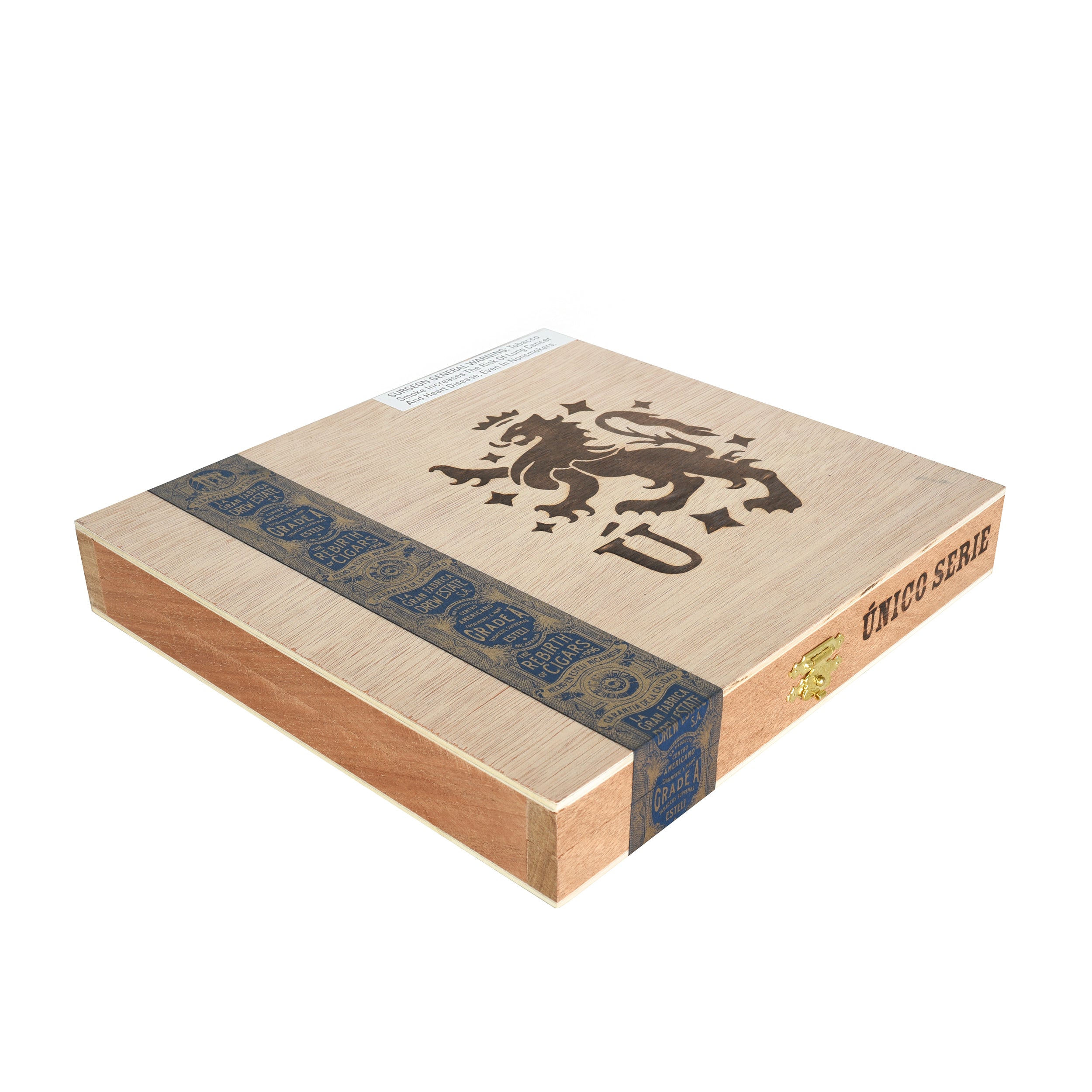 Cigar box with a lion emblem and 'Unico Serie' text on a white background
