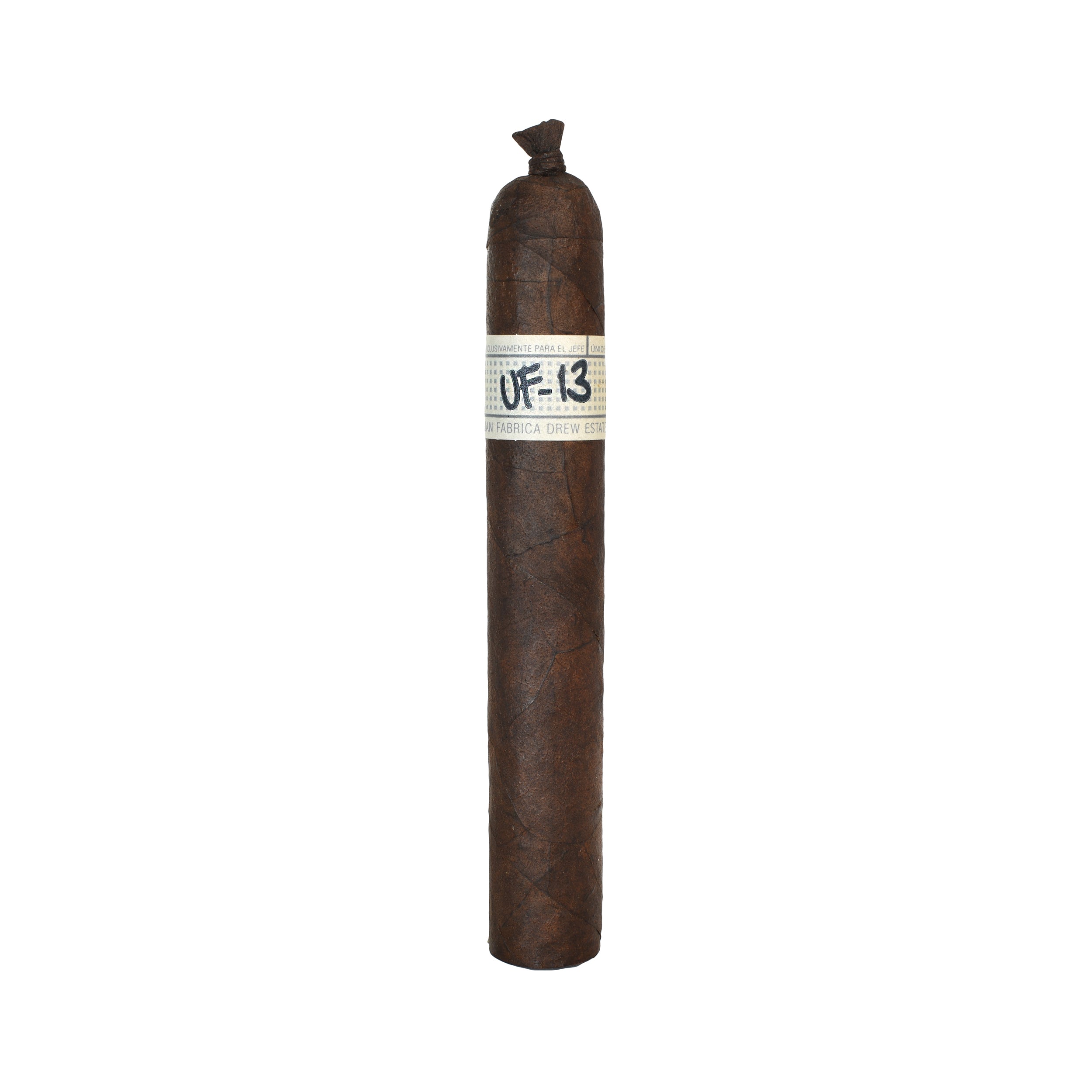 Cigar with a label reading 'UF-13' on a white background