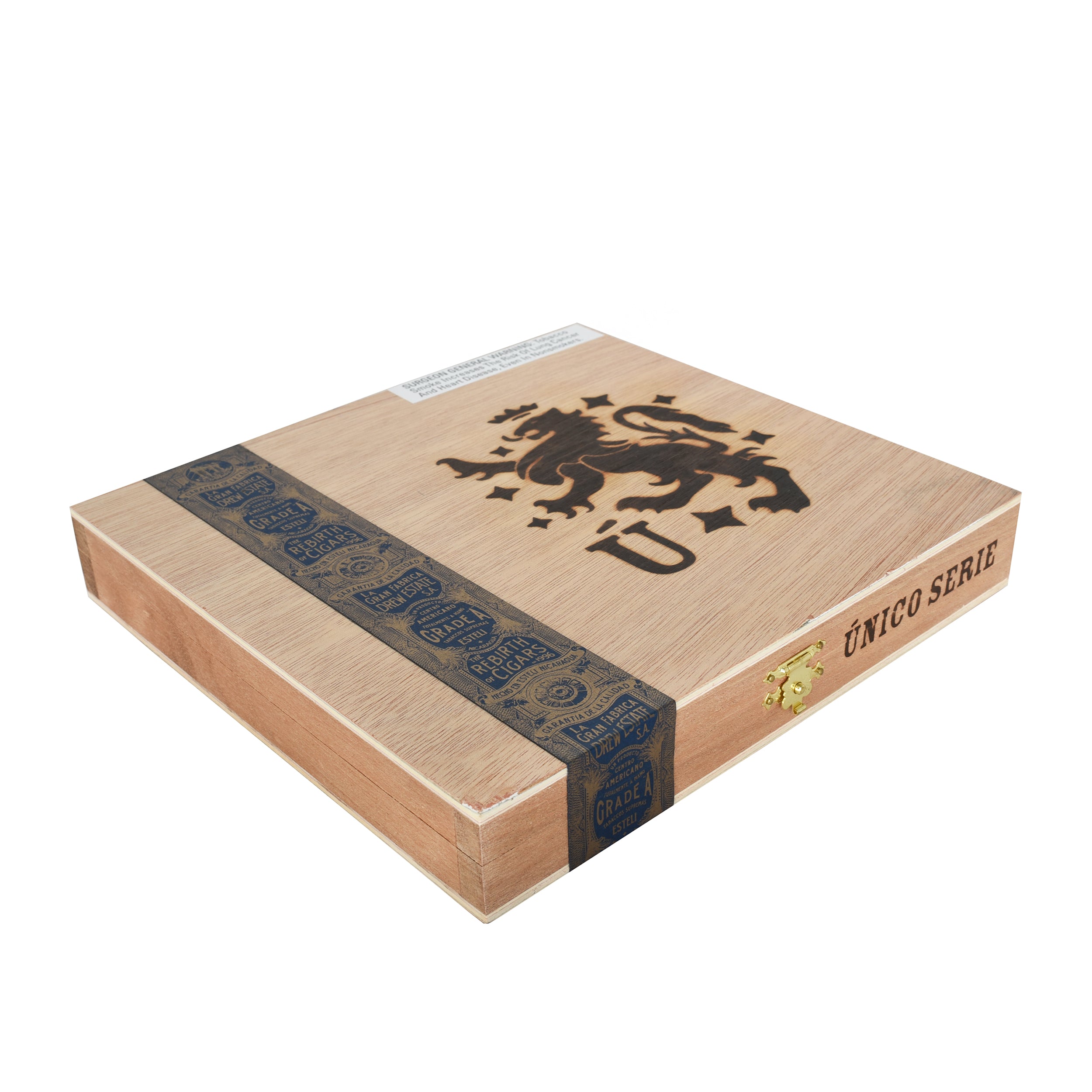 Cigar box with a lion emblem and 'Unico Serie' text on a white background