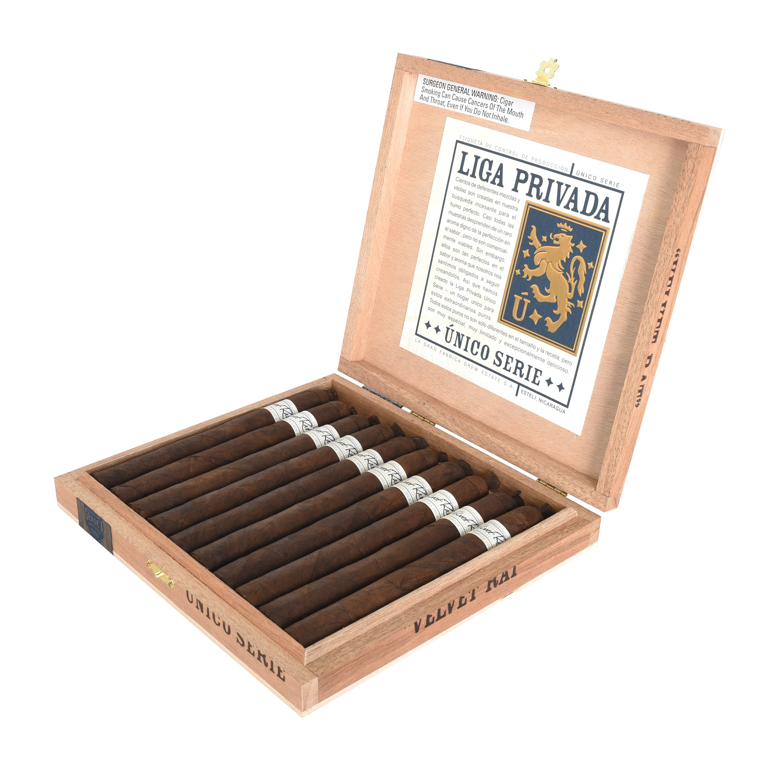 Open wooden box of Liga Privada Velvet Rat cigars with visible branding on a white background