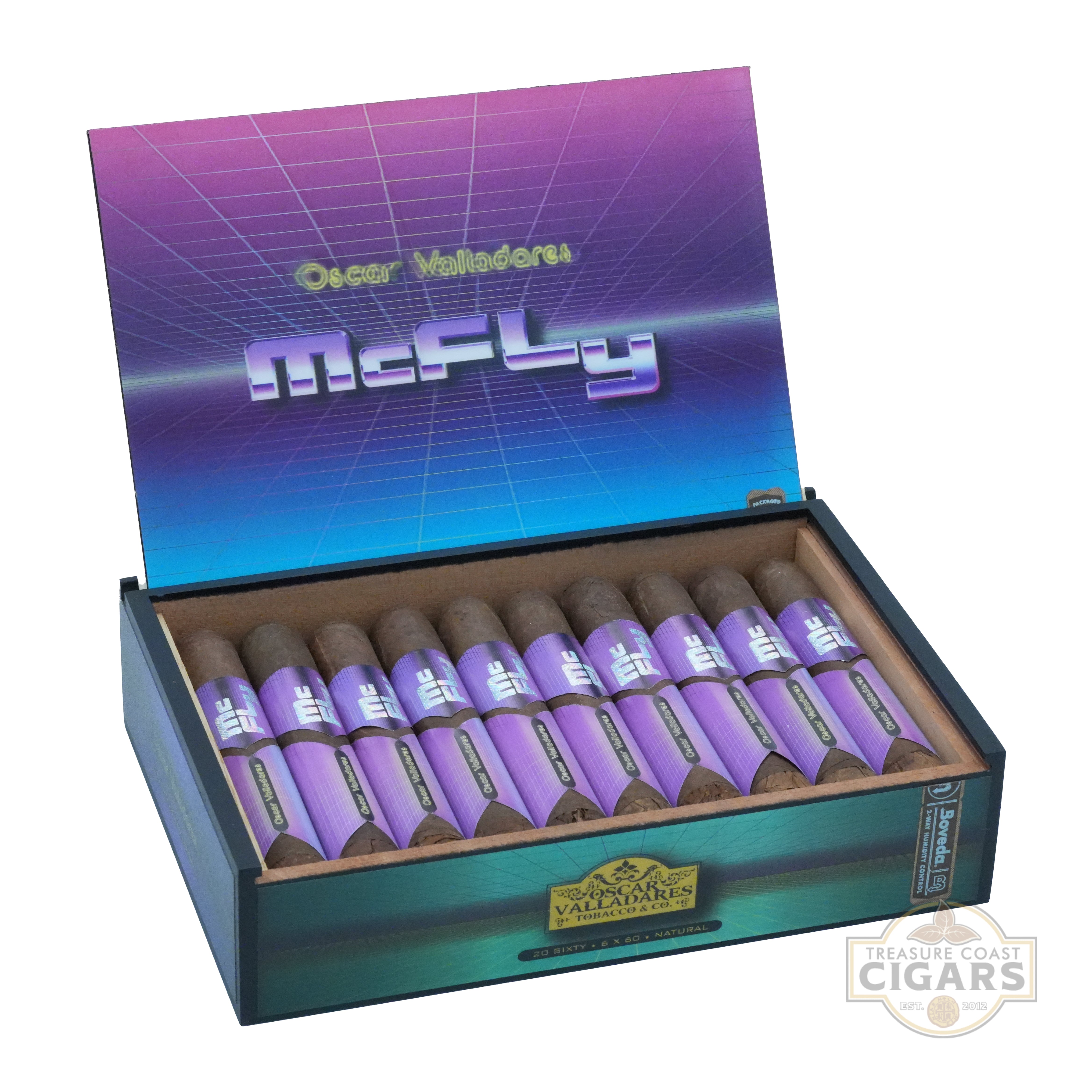 Open box of cigars with purple bands featuring the name 'McFly' on a white background.