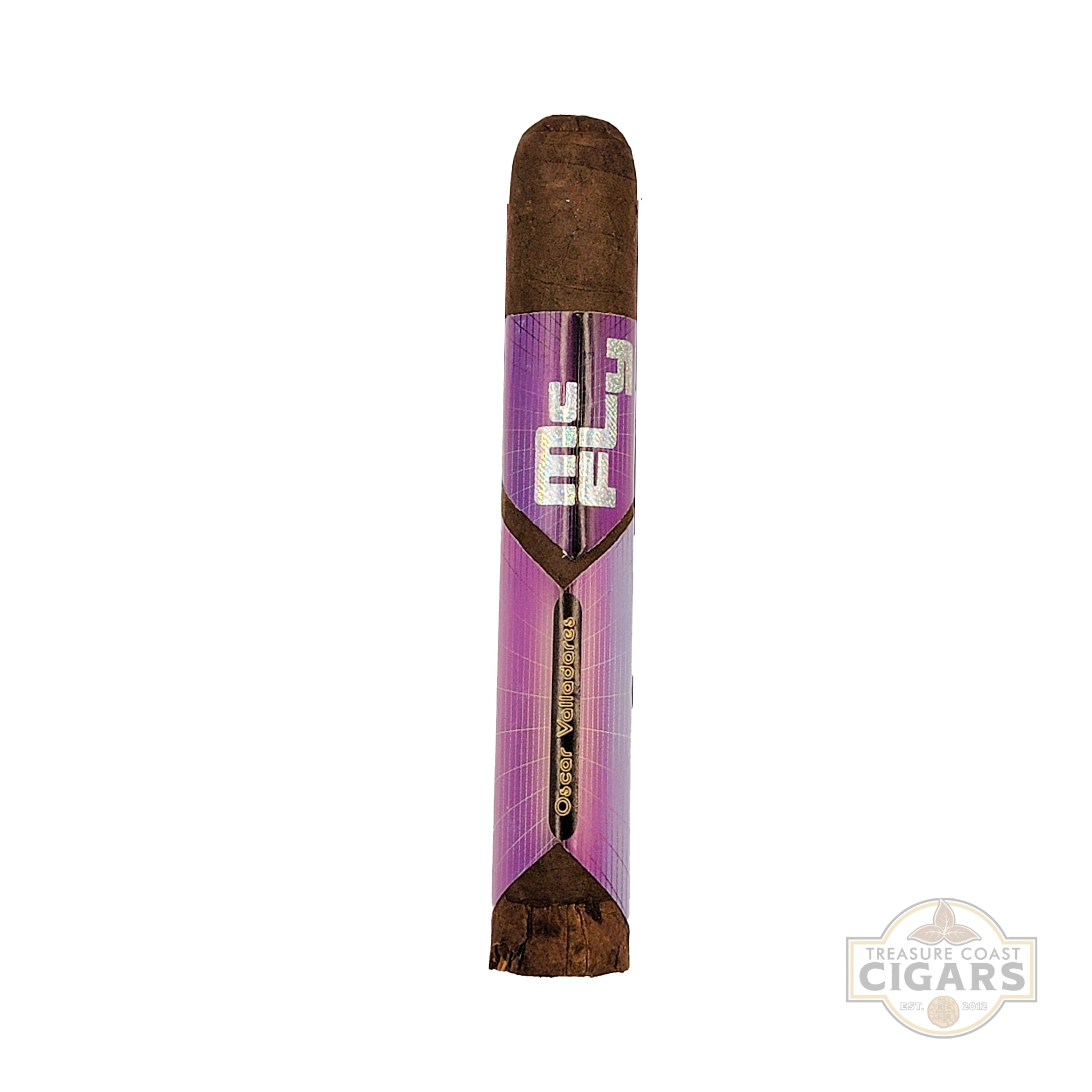 Cigar with purple and white label on a white background