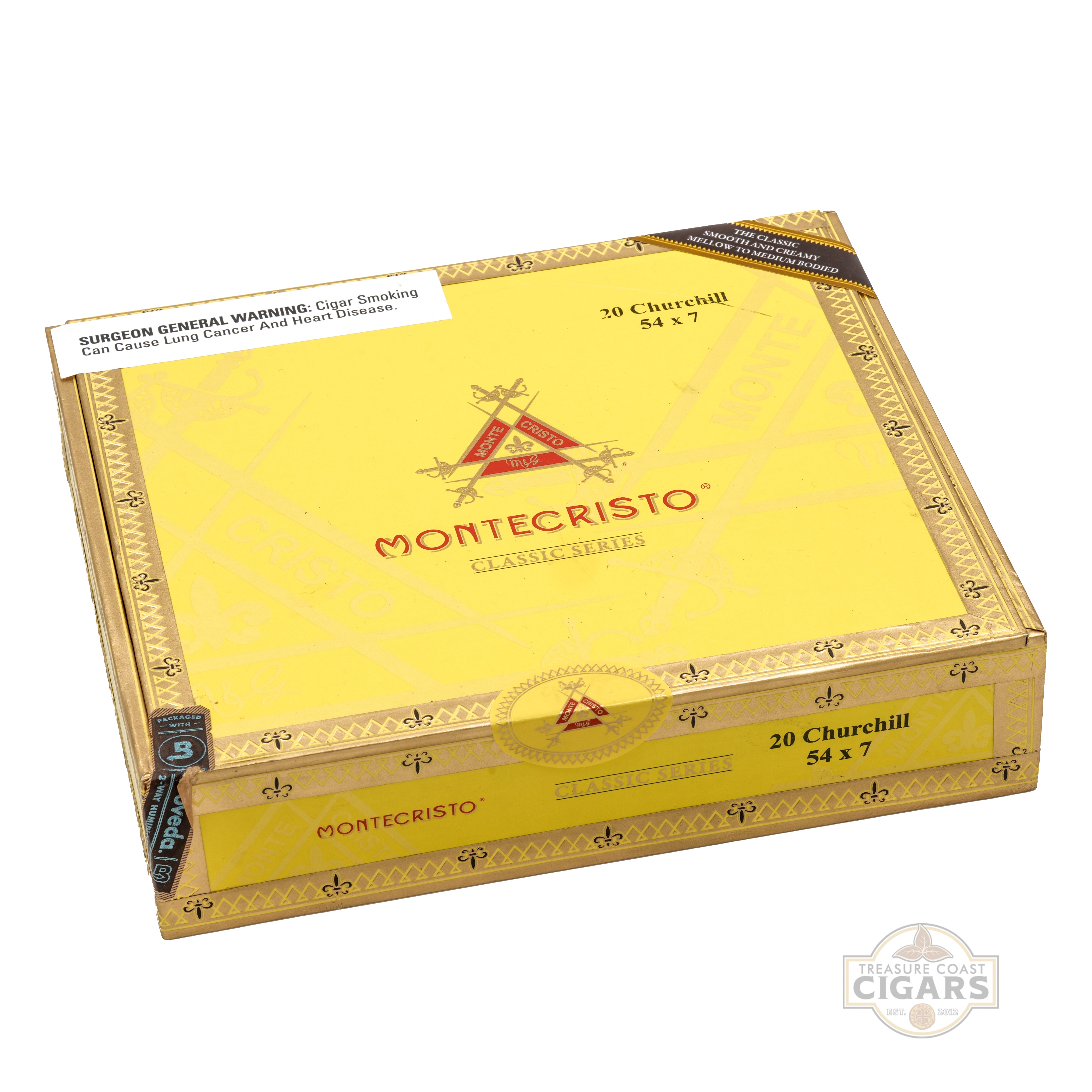 Montecristo cigar box with yellow lid and gold accents on a white background