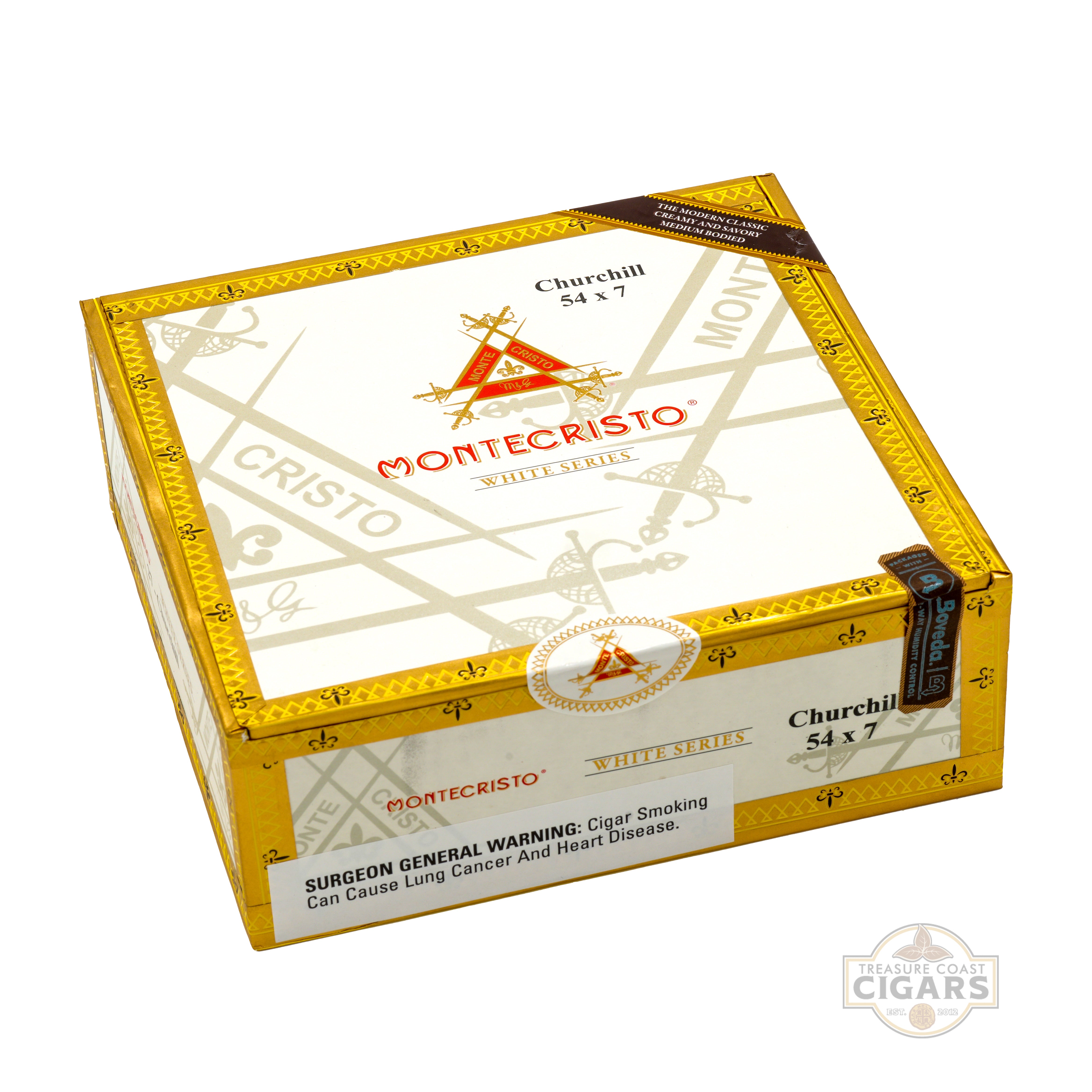 Montecristo cigar box with gold and white design on a white background