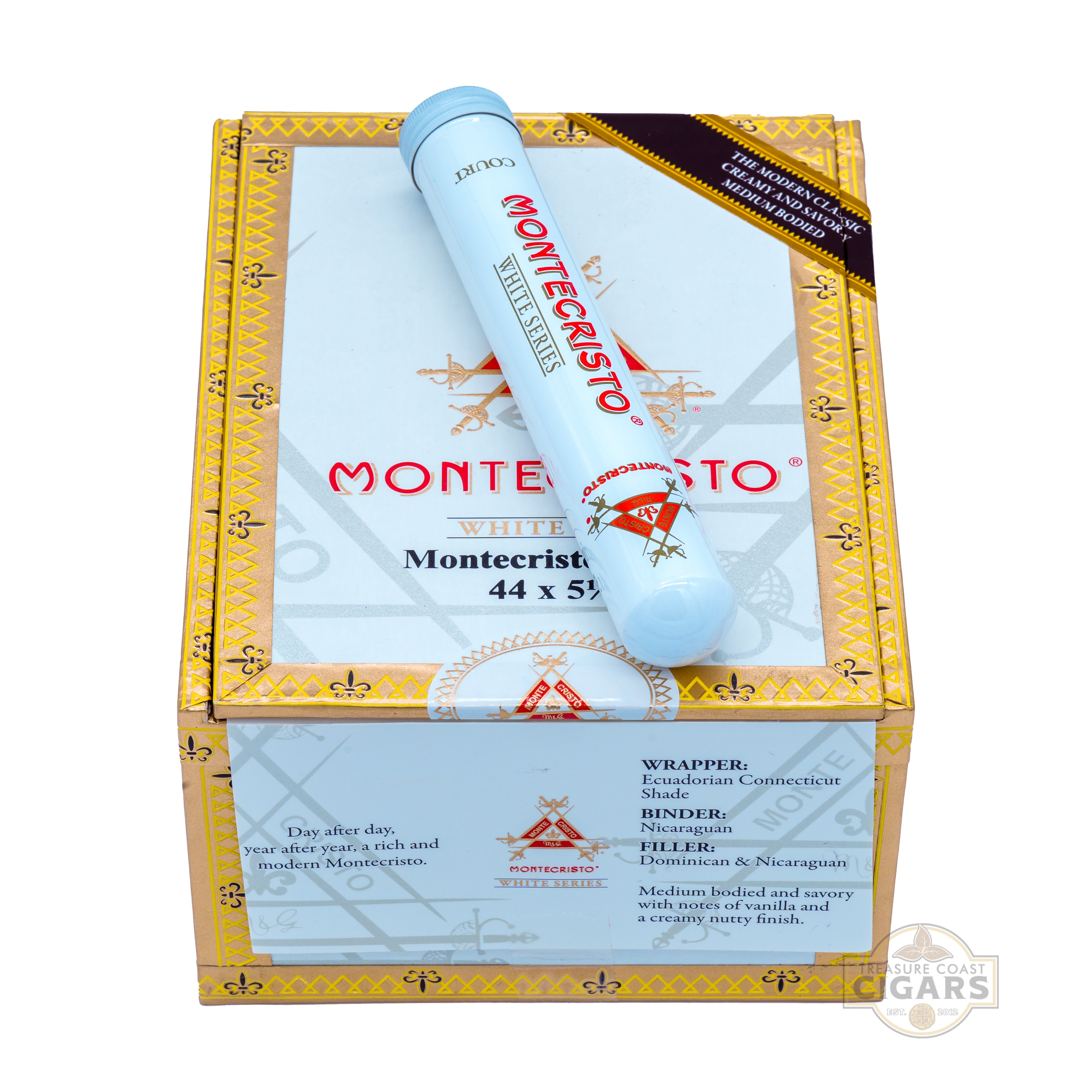 Montecristo White cigar packaging with a single white cigar on a white background