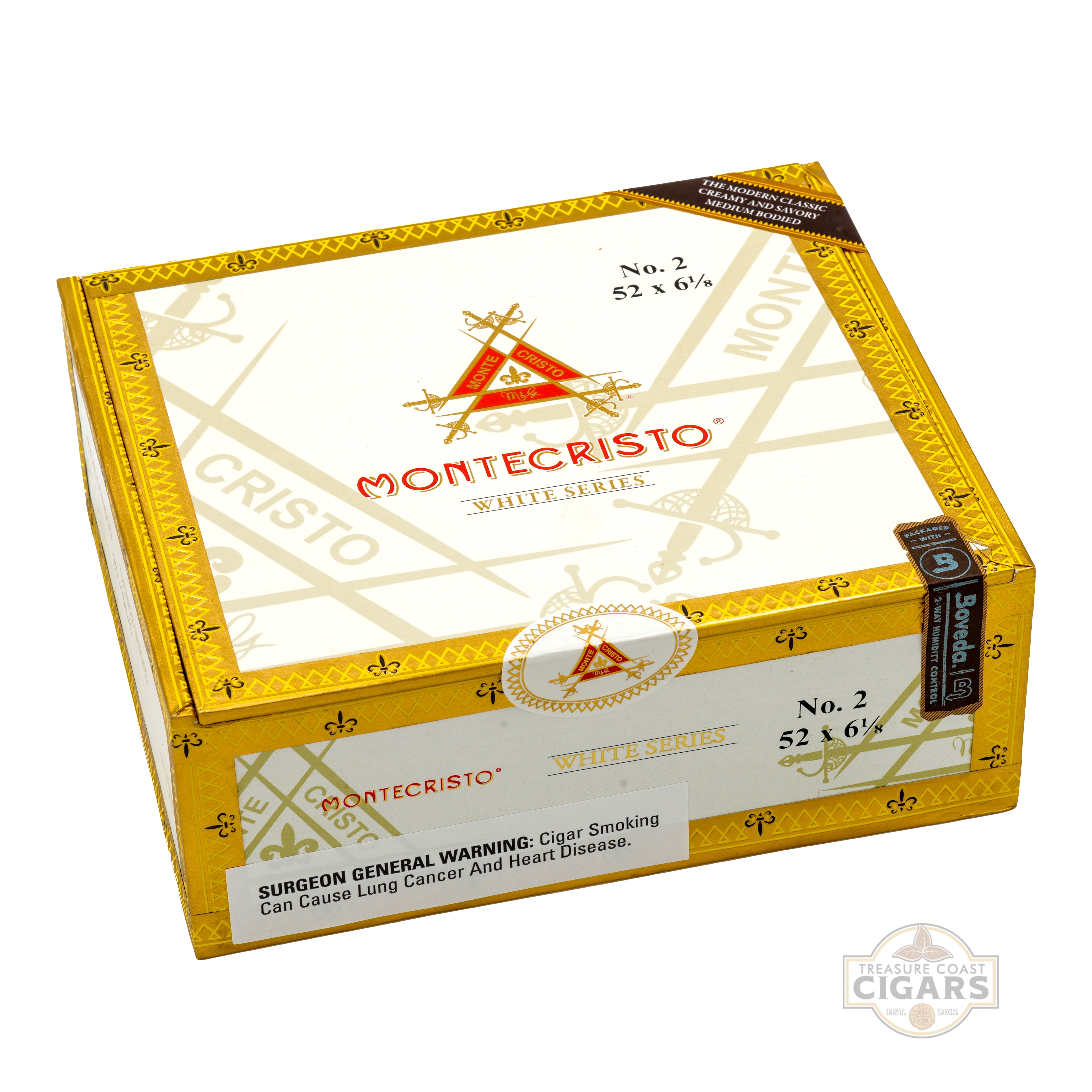 Montecristo White Series cigar box with gold and white design on a white background