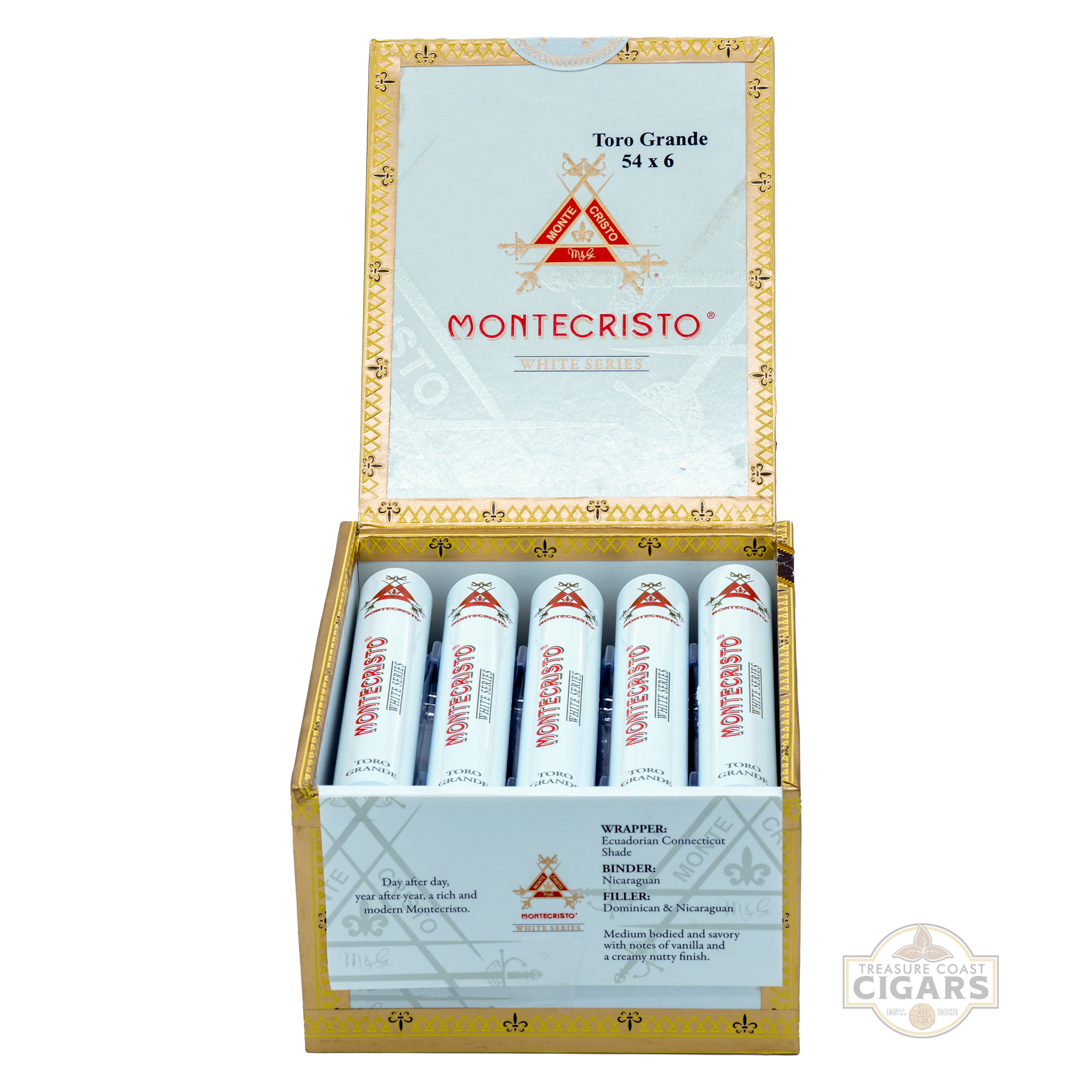 Montecristo cigars in a box with visible branding on a white background