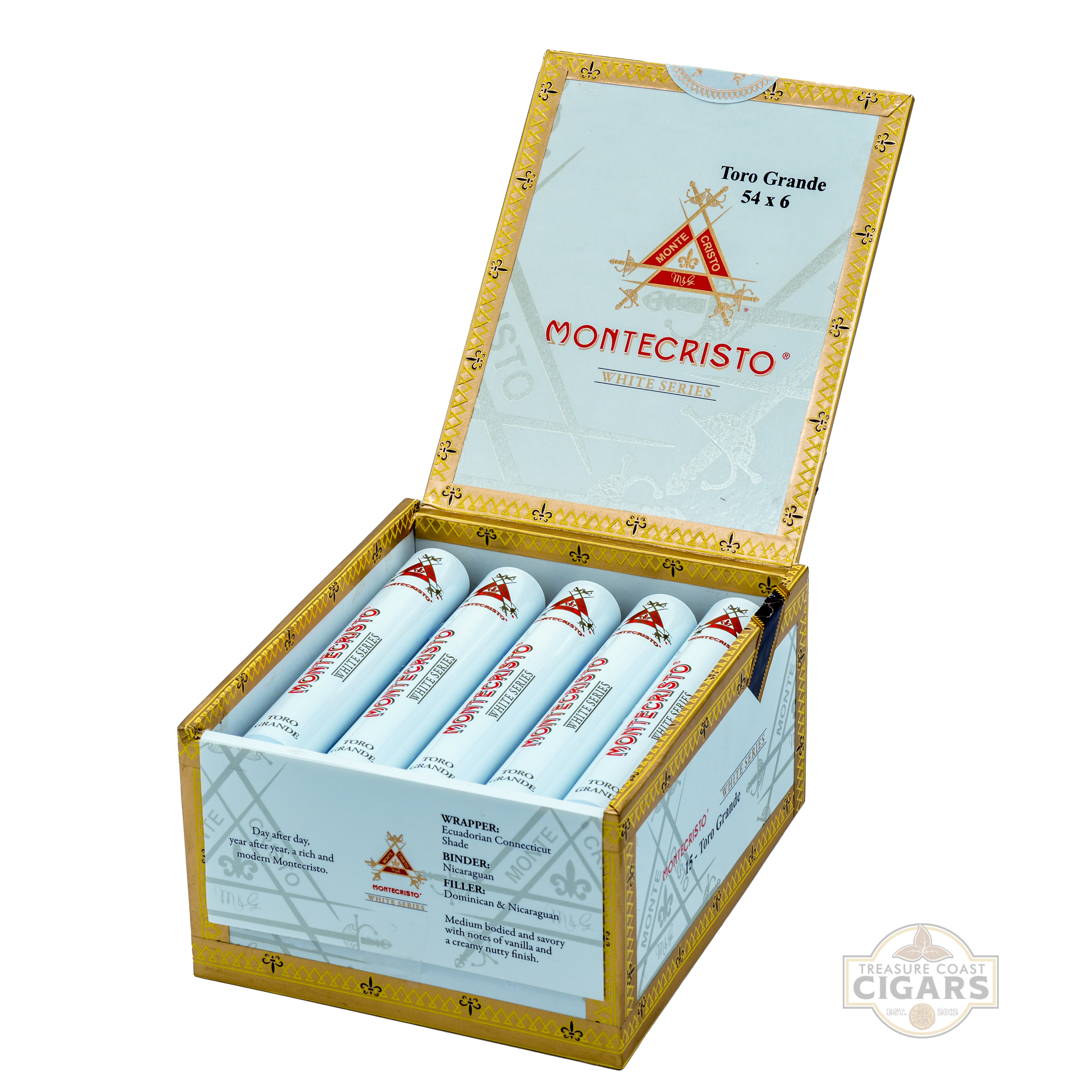 Montecristo cigars in an open box on a white background
