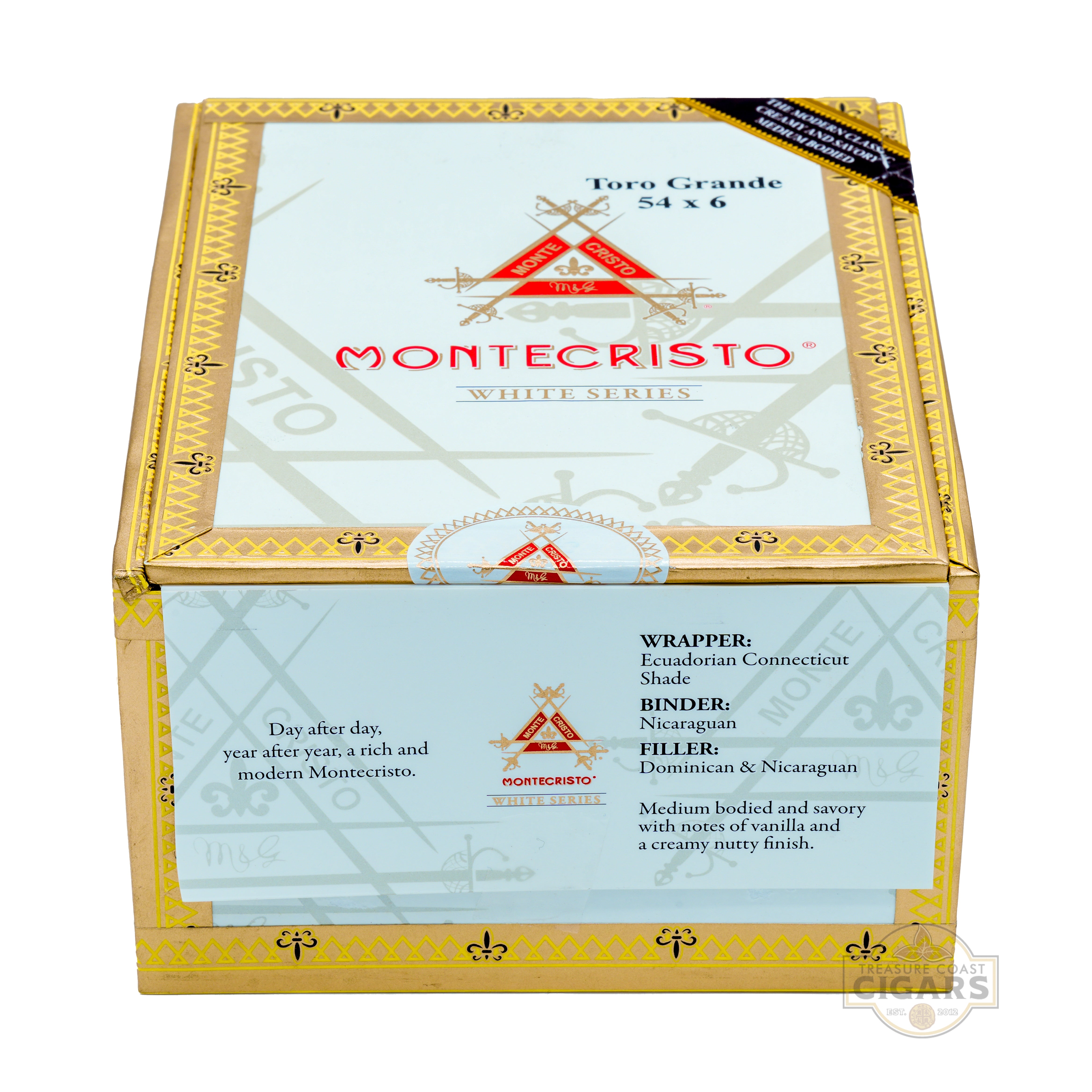 Montecristo White Series cigar box with gold and white design