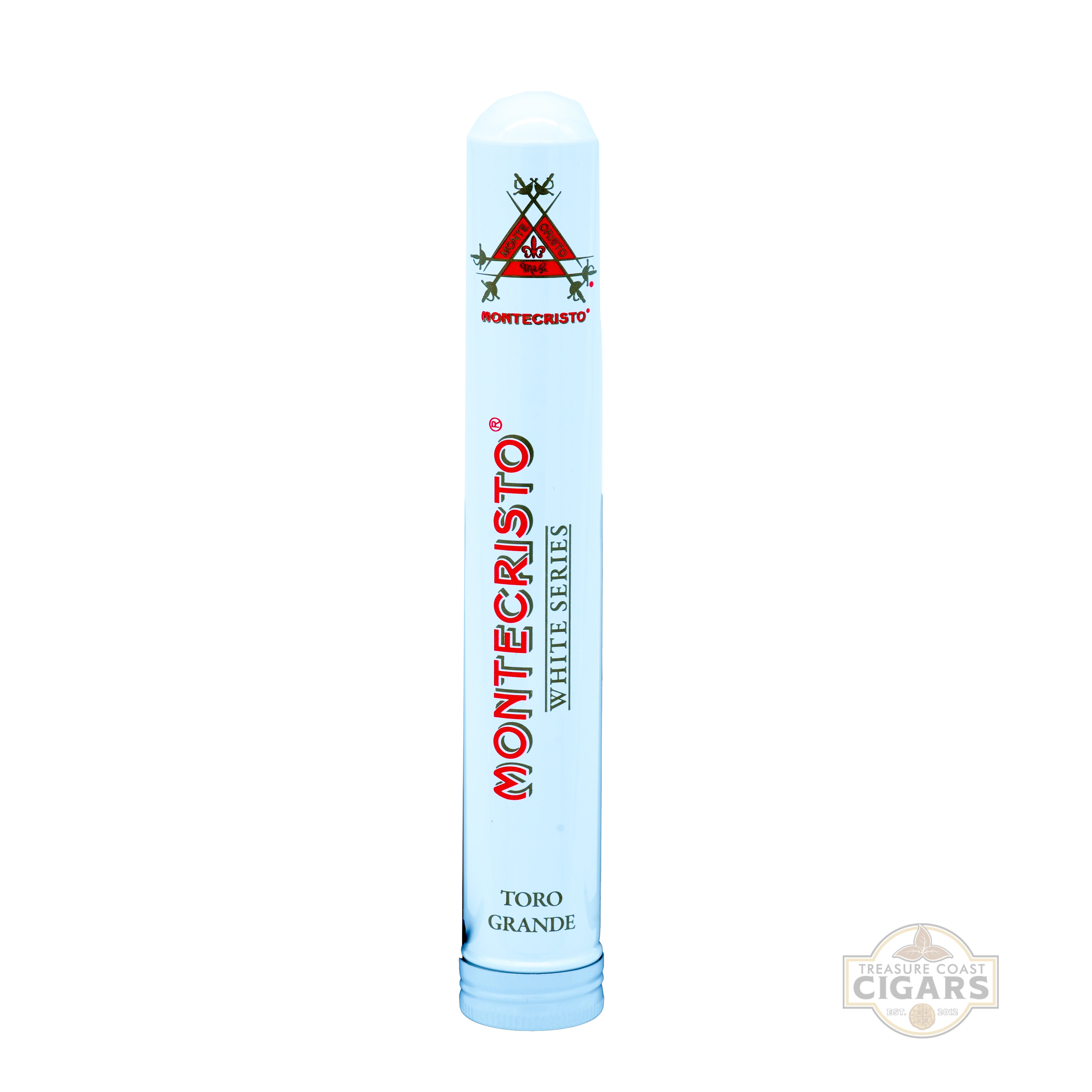 Montecristo White Series Toro Grande cigar tube on a white background