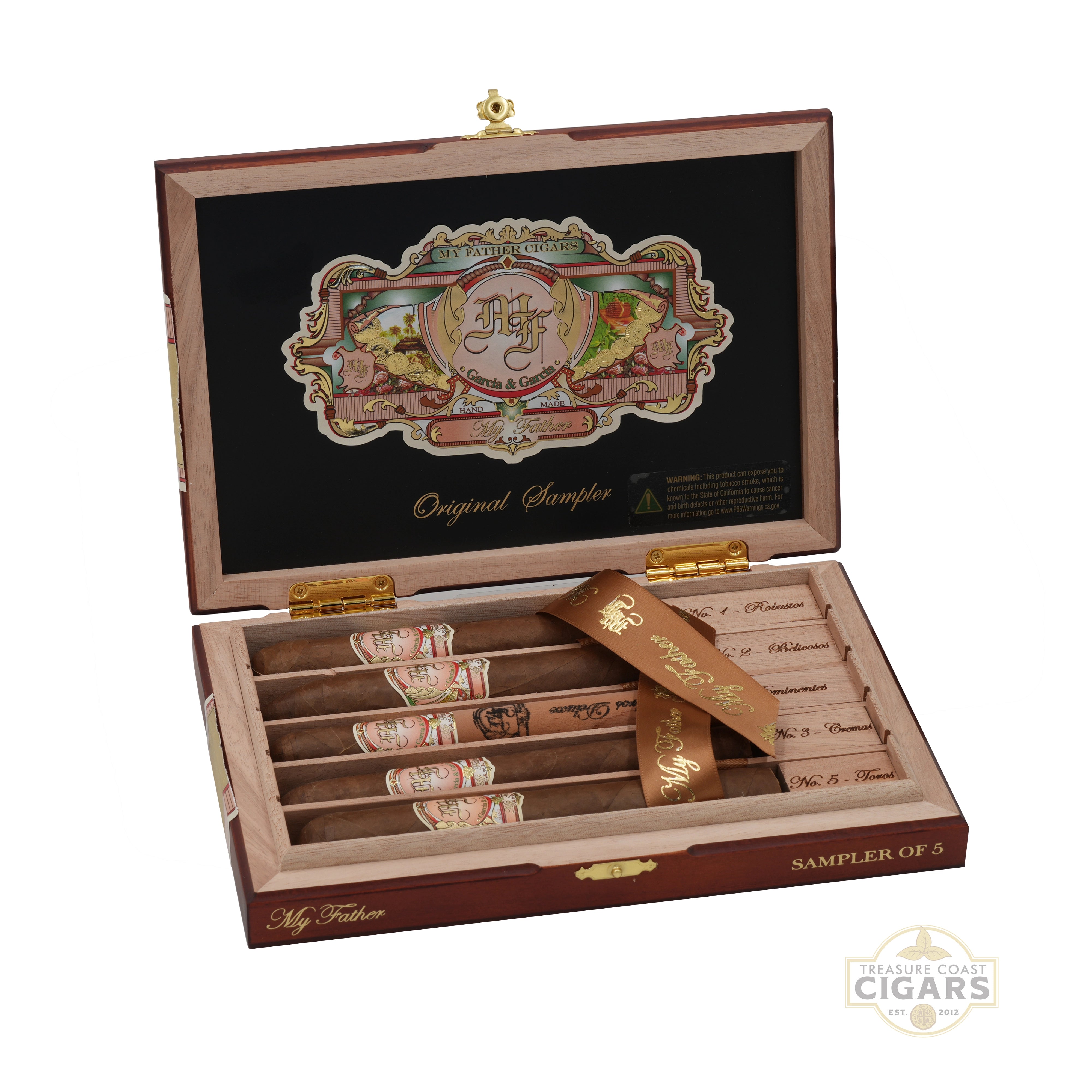 My Father Cigar sampler box with cigars and branded lid on a white background