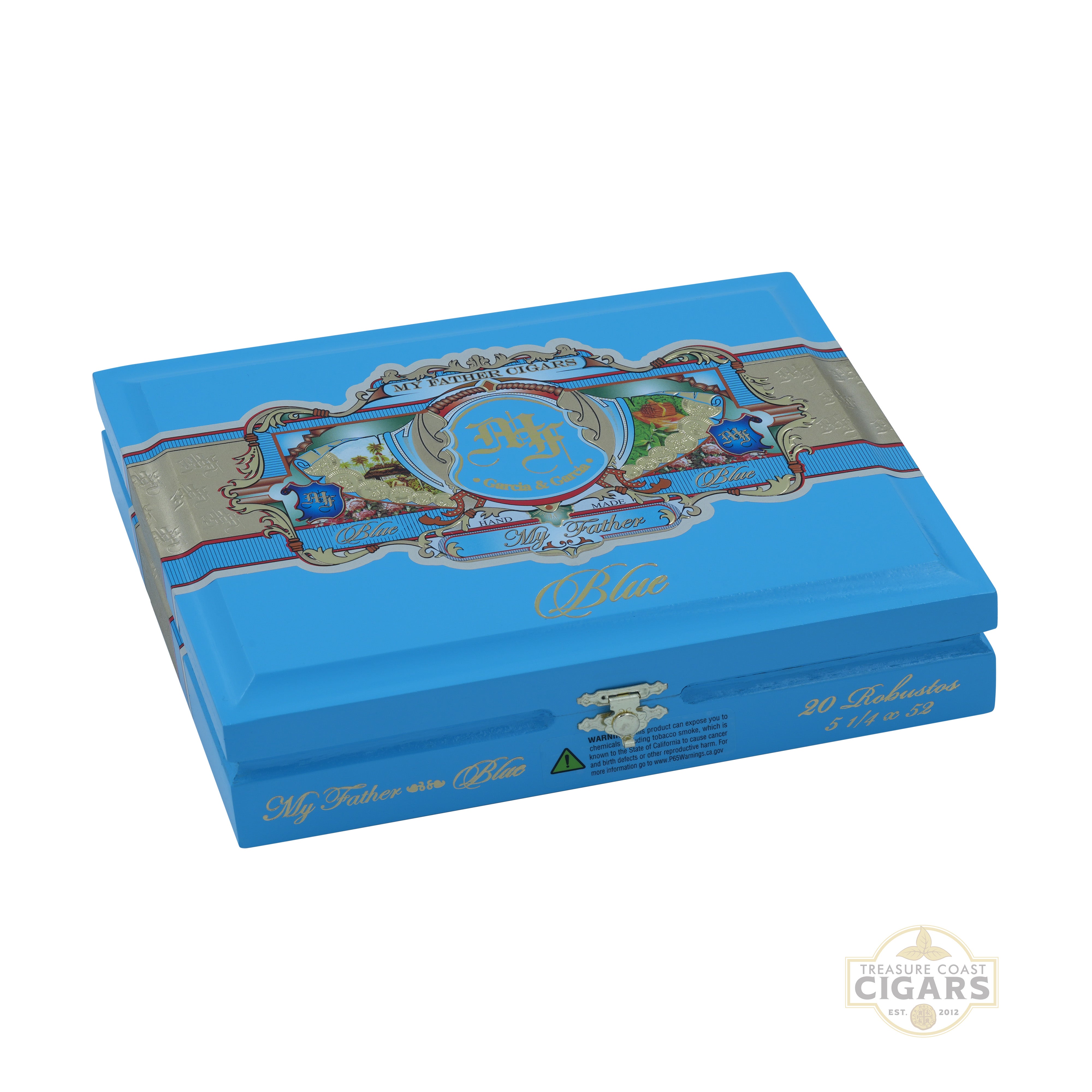 Blue cigar box with decorative elements on a white background