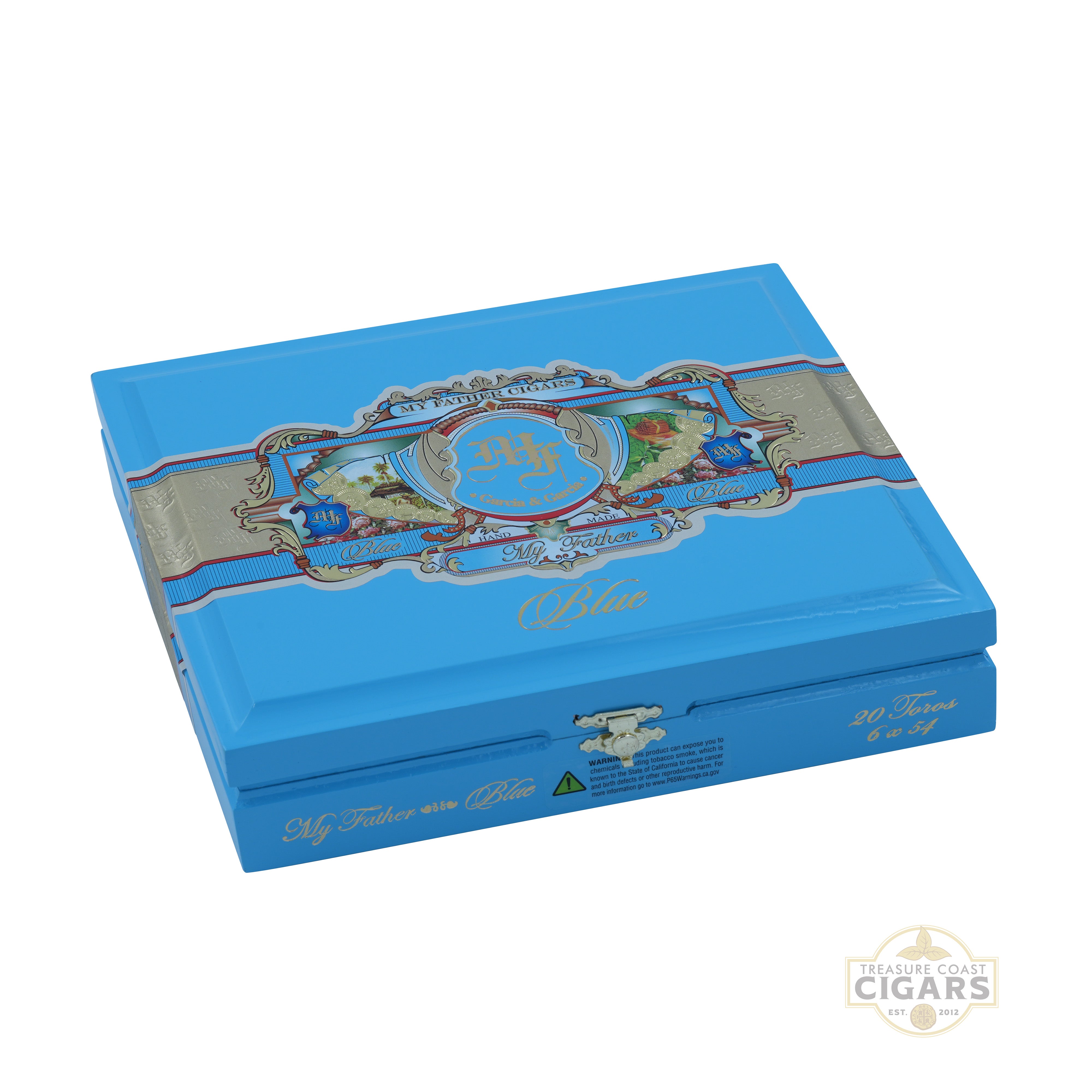 My Father Blue cigar box with decorative lid on a white background