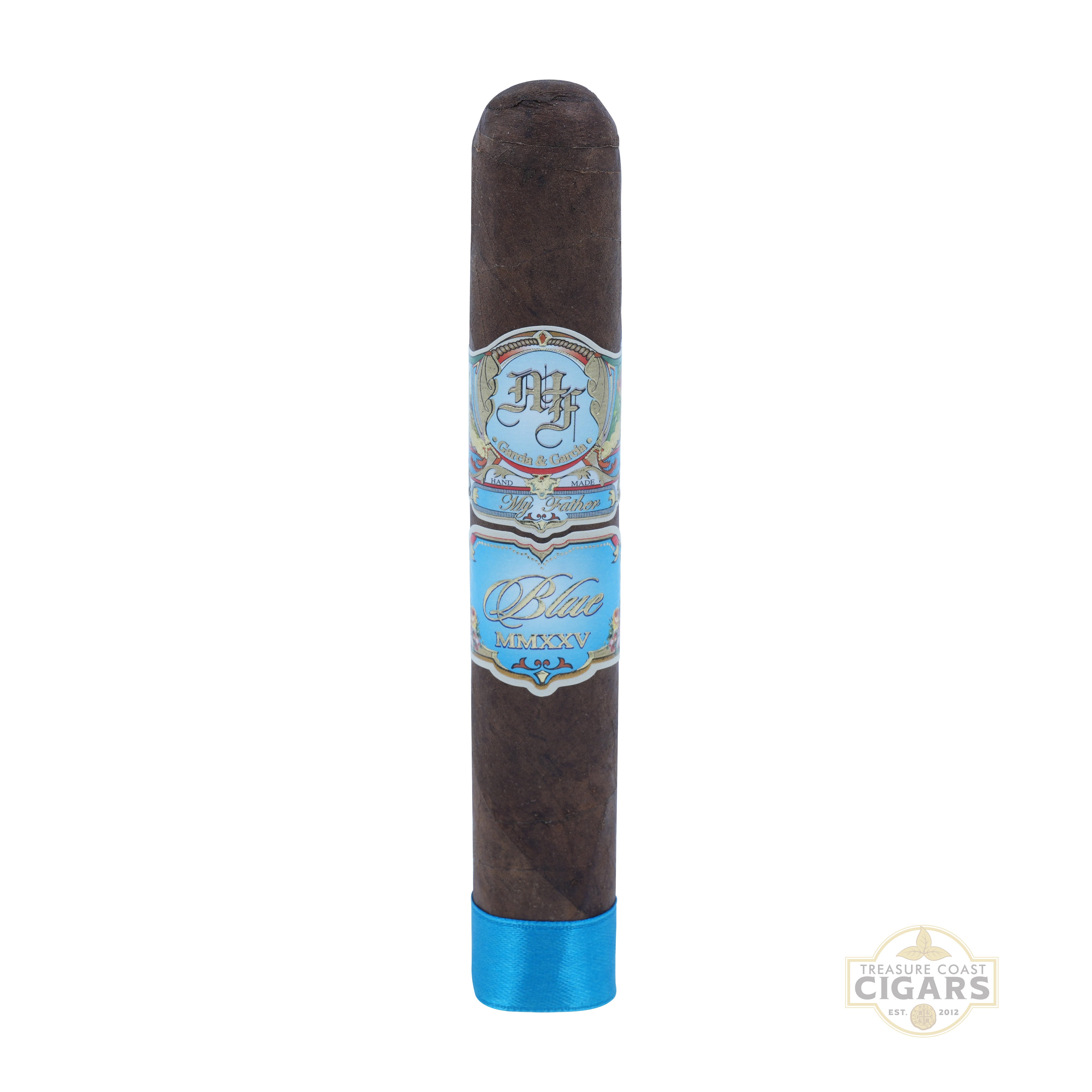 My Father Blue Toro Gordo cigar with a blue ribbon on the cigar's foot and label on a white background