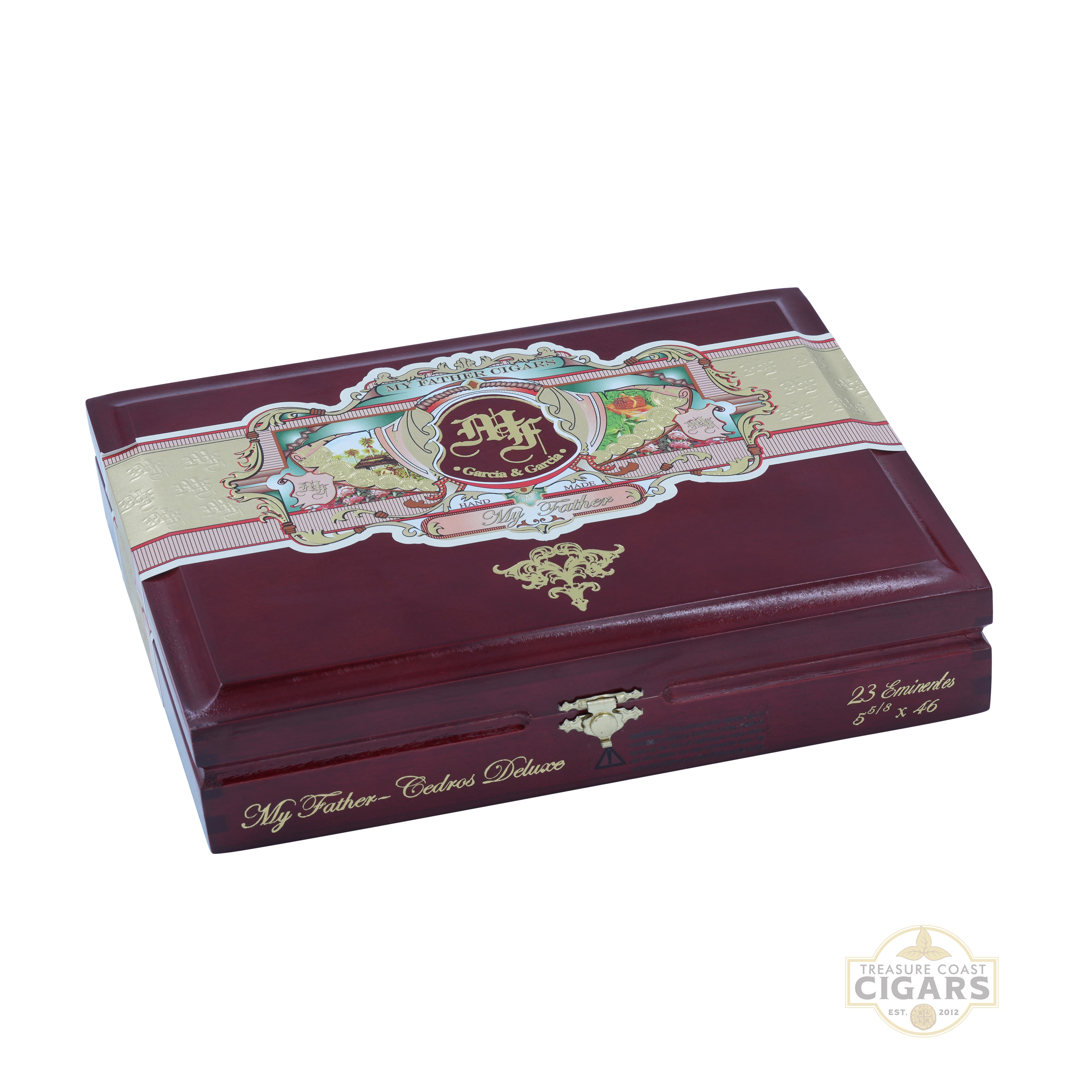 Maroon cigar humidor with decorative My Father Garcia & Garcia band and gold accents on a white background