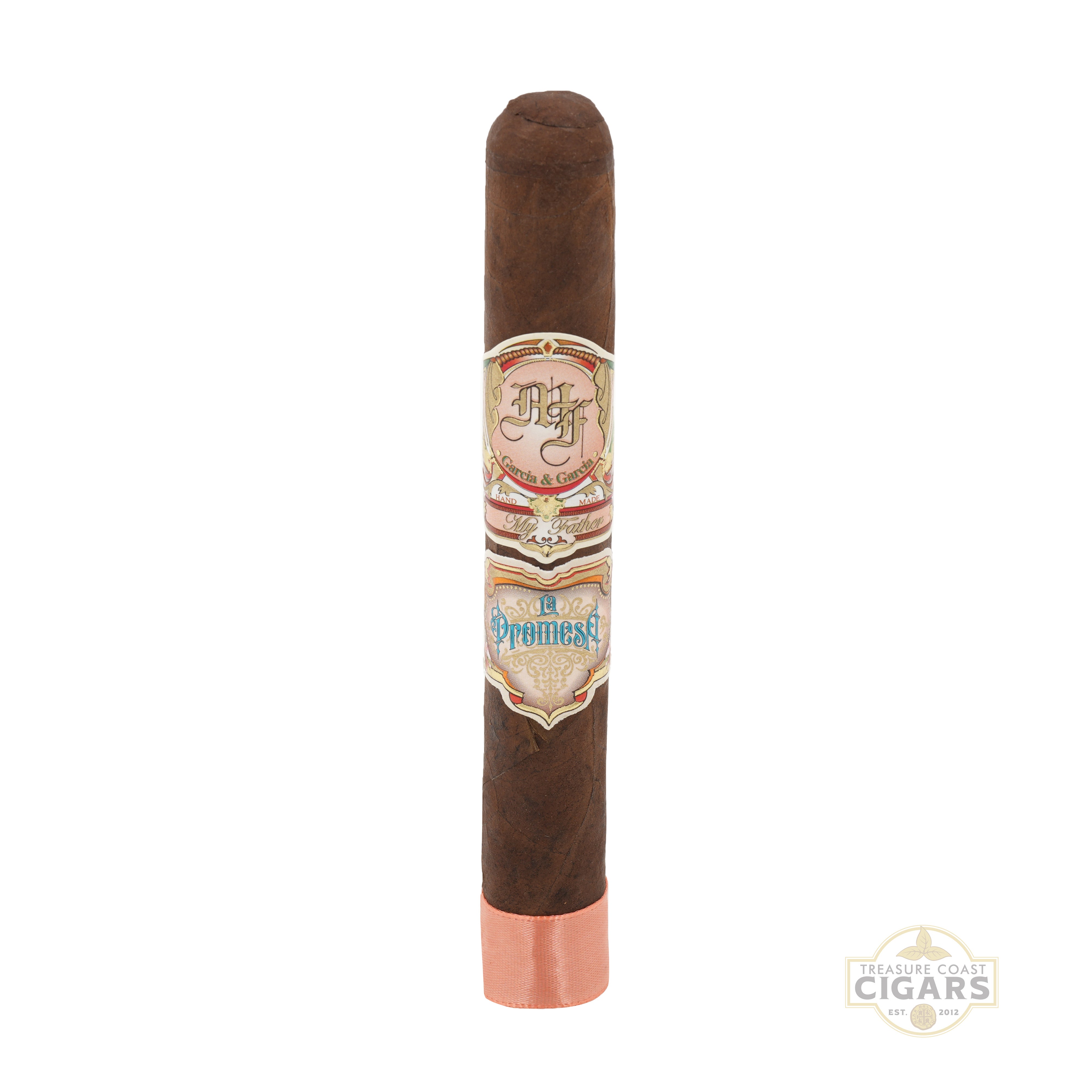 Cigar with a branded label on a white background