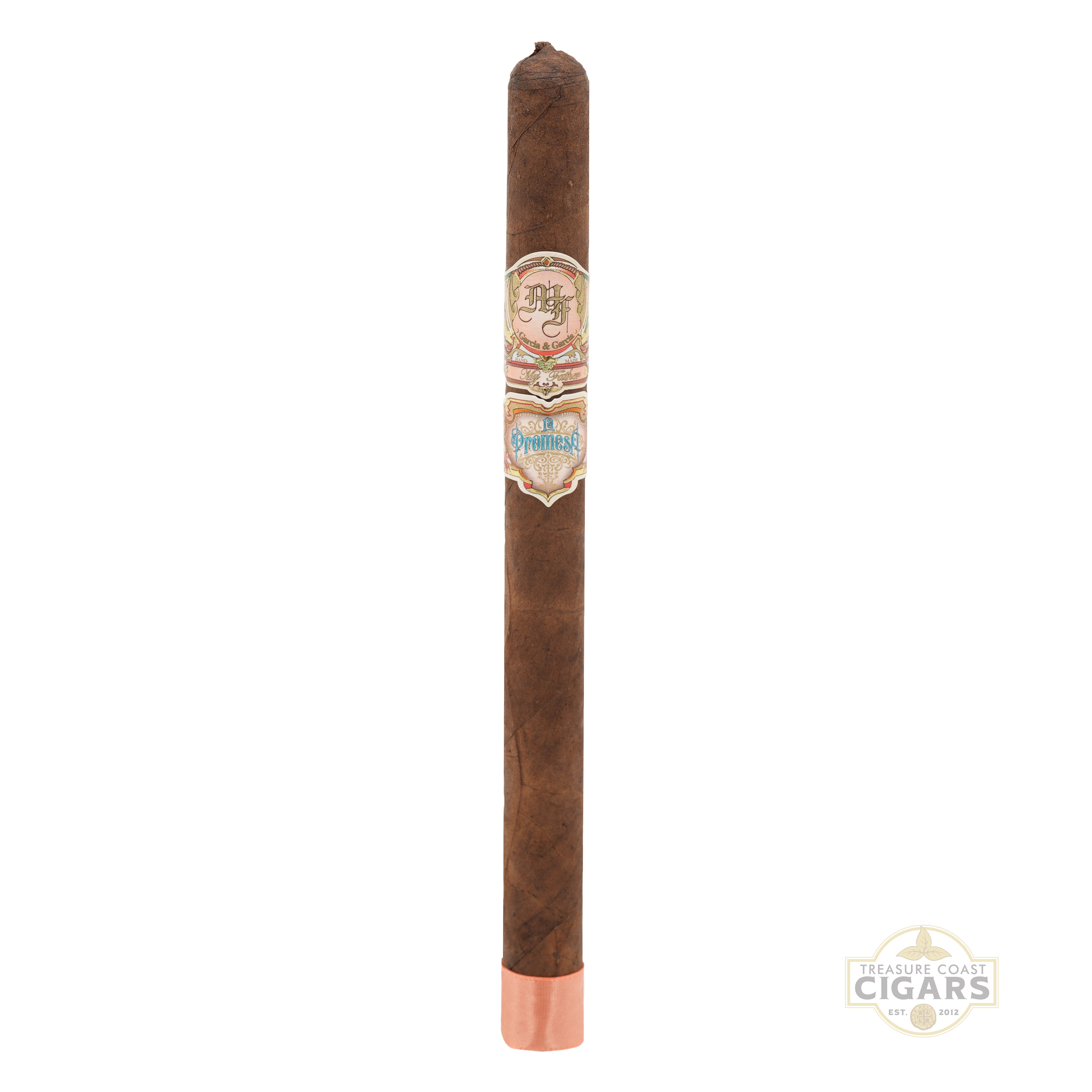 Single Cigar with an ornate band and salmon foot band on a white background