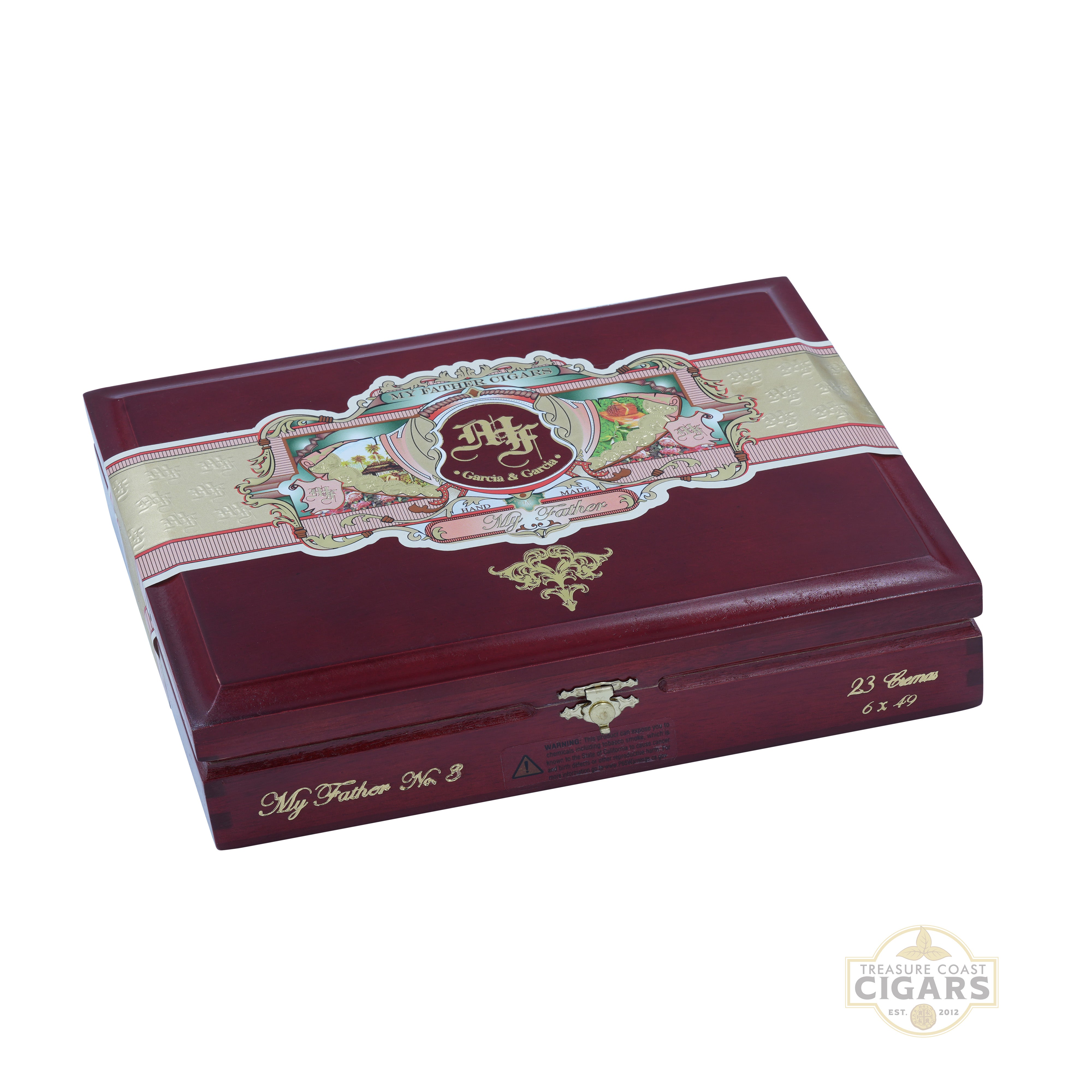 Maroon cigar box with decorative band and gold accents on a white background
