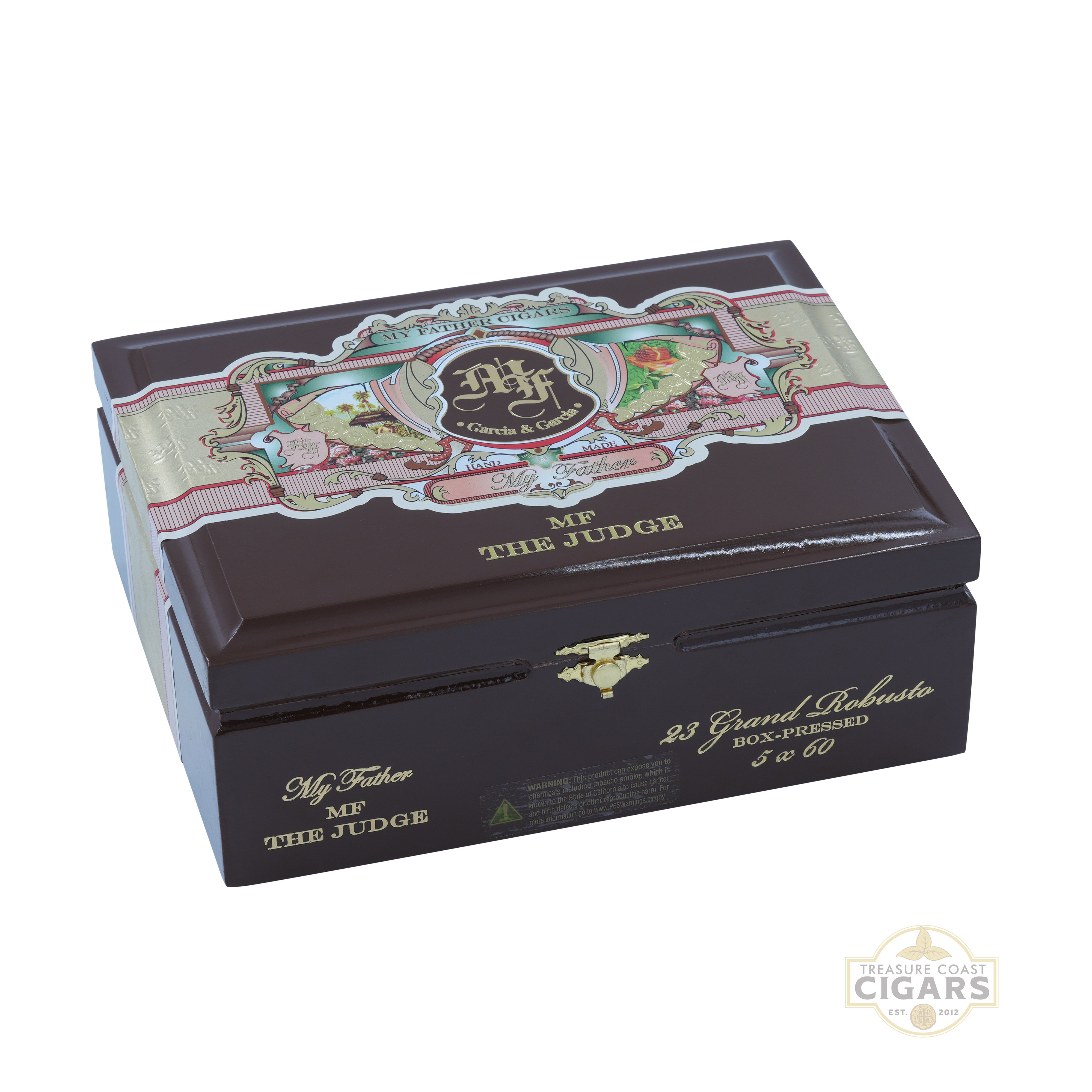 Cigar box with decorative lid featuring branding on a white background