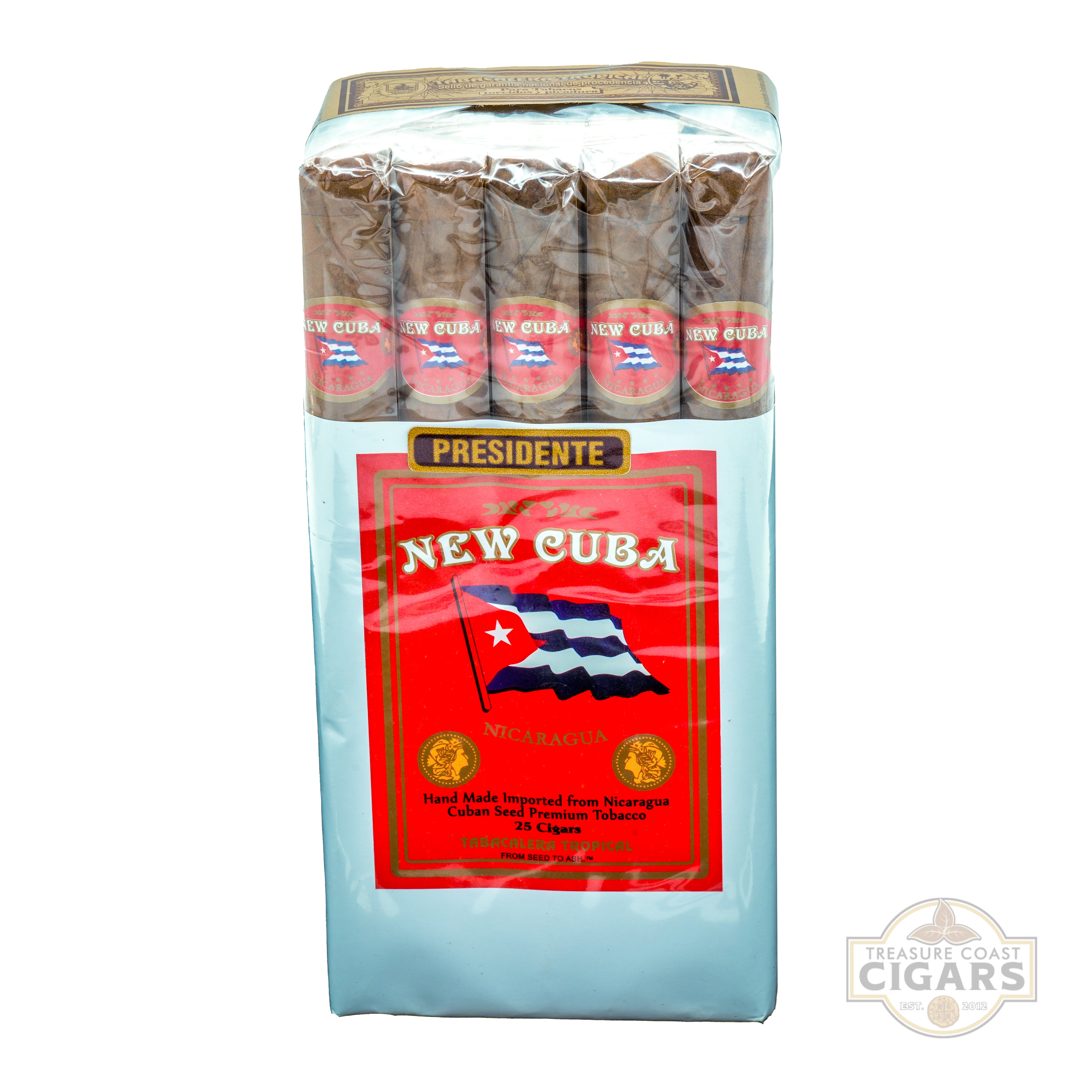 Bundleof New Cuba cigars with a red label and white background
