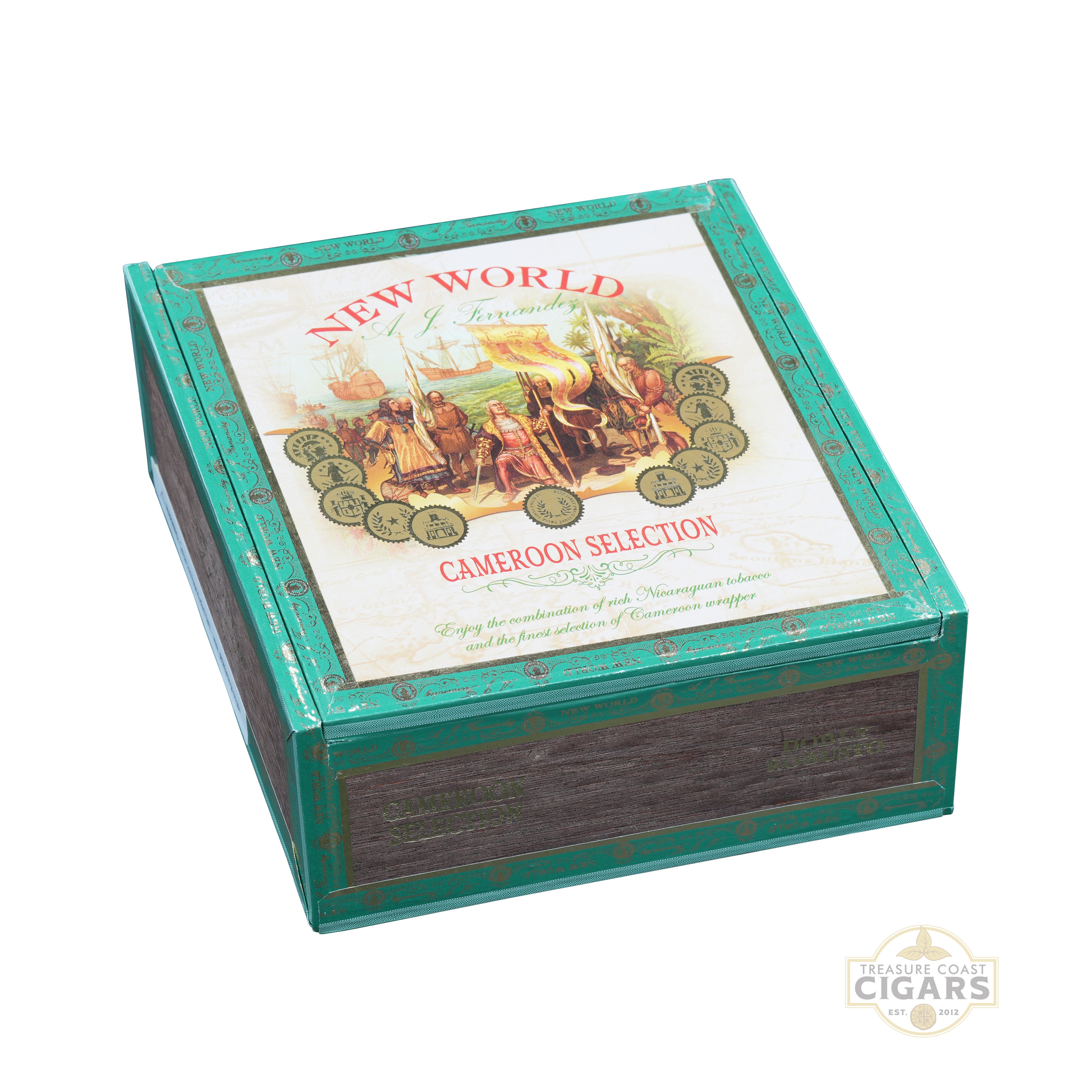 Cigar box with 'New World Cameroon Selection' label on a white background